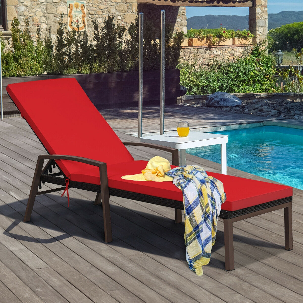 2 Pieces Patio Rattan Adjustable Back Lounge Chair with Armrest and Removable Cushions