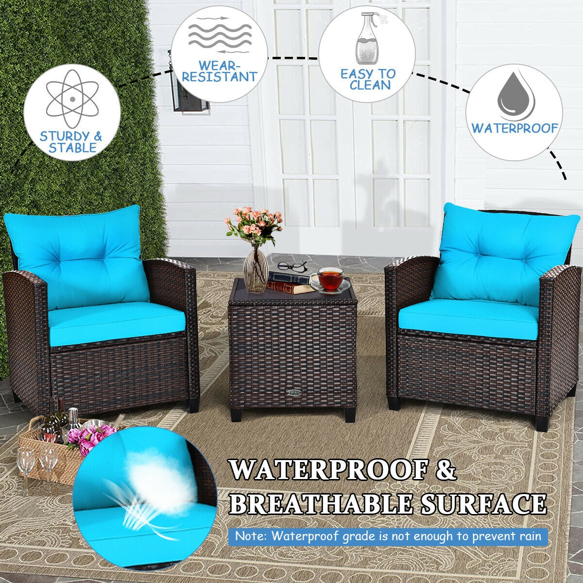 3 Pcs Patio Rattan Furniture Set Cushioned Conversation Set Coffee Table