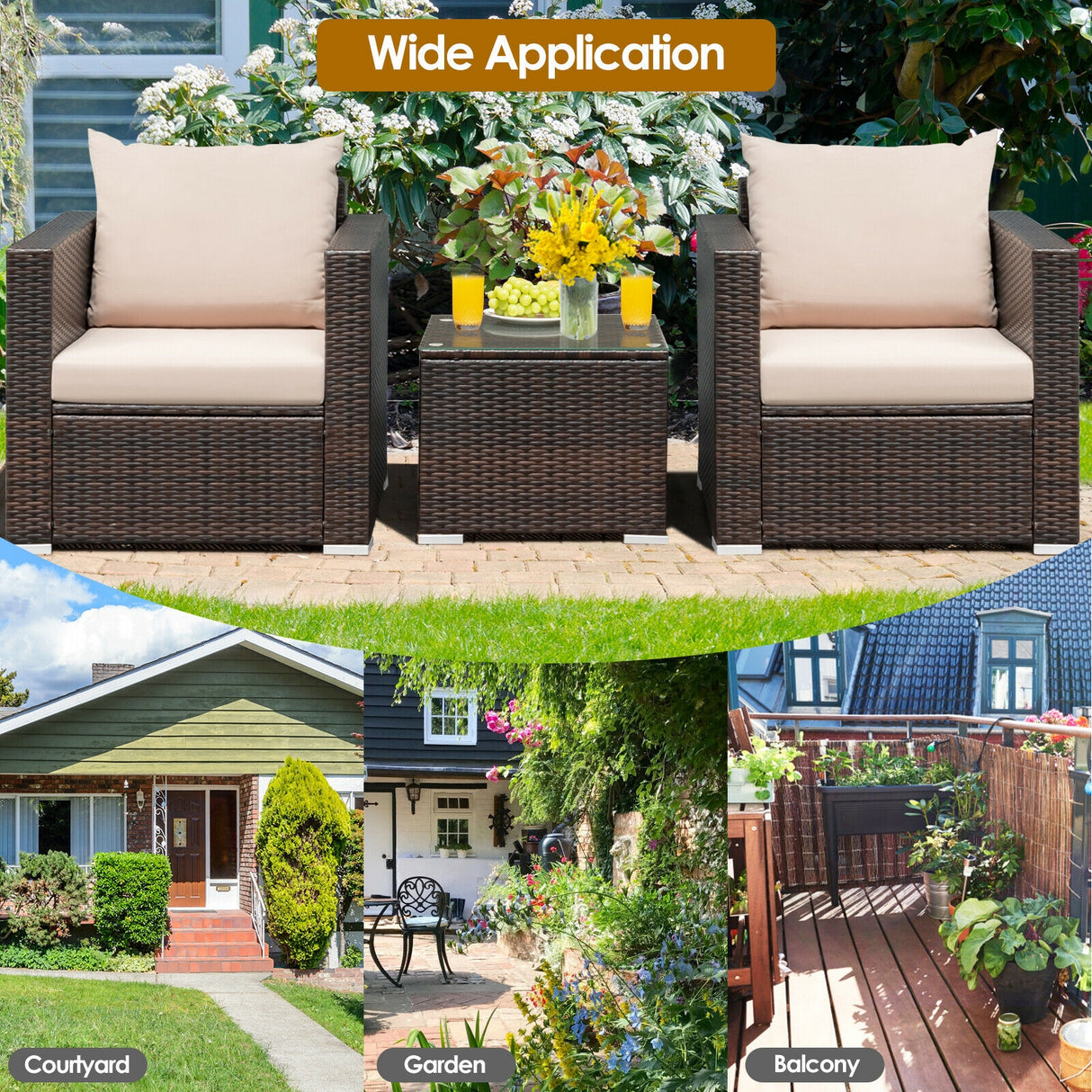 3 Pcs Patio Conversation Rattan Furniture Set with Cushion
