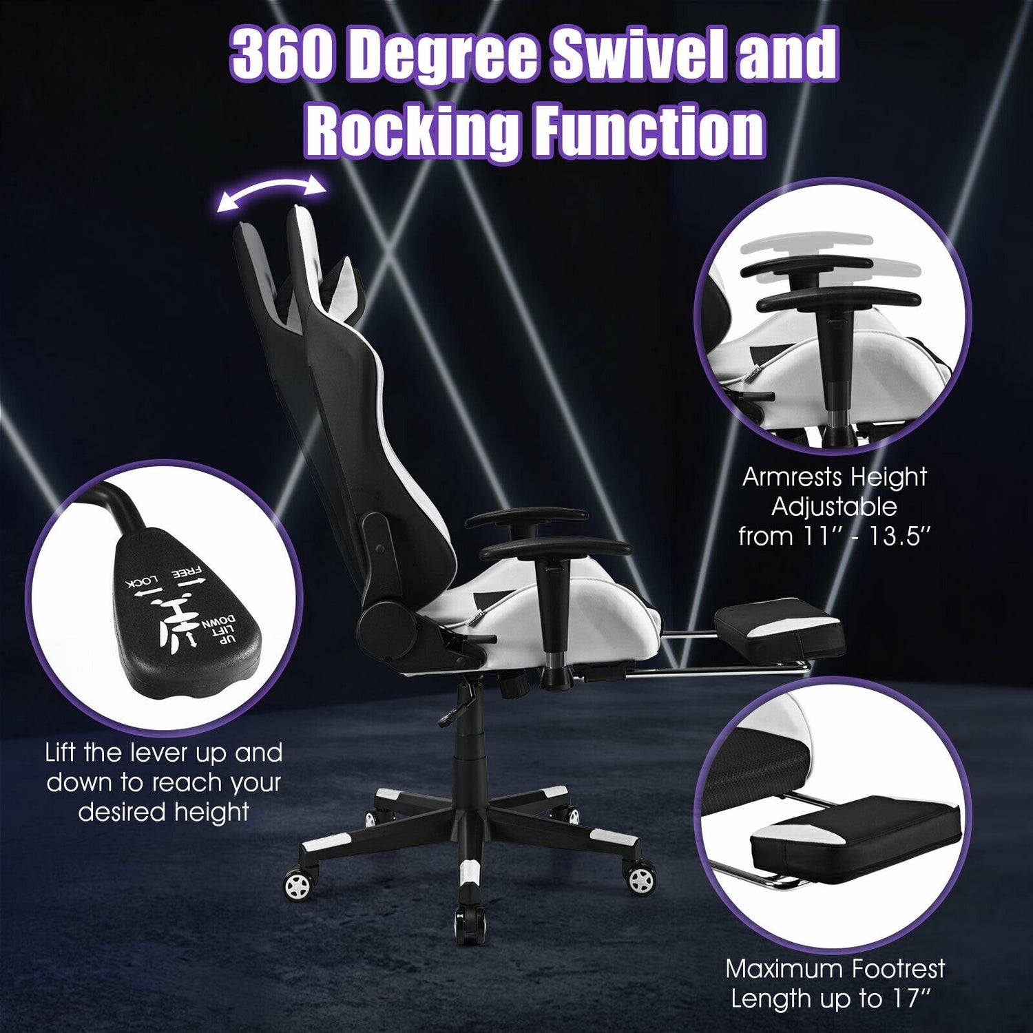 PU Leather Gaming Chair with USB Massage and Lumbar Pillow Footrest
