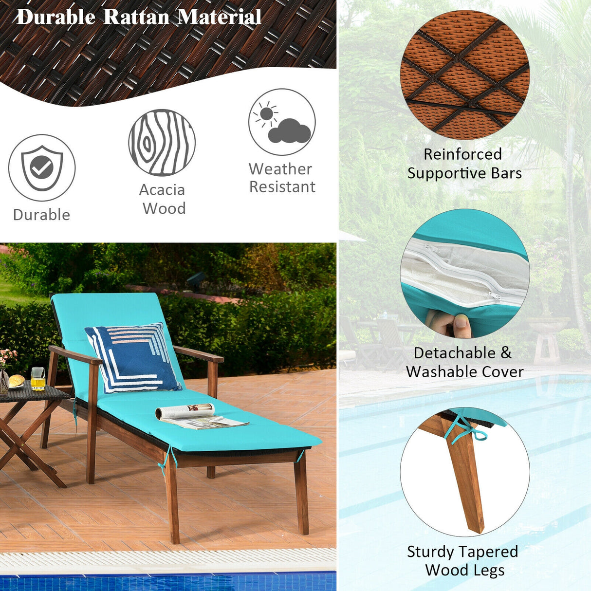 3 Pieces Portable Patio Cushioned Rattan Lounge Chair Set with Folding Table