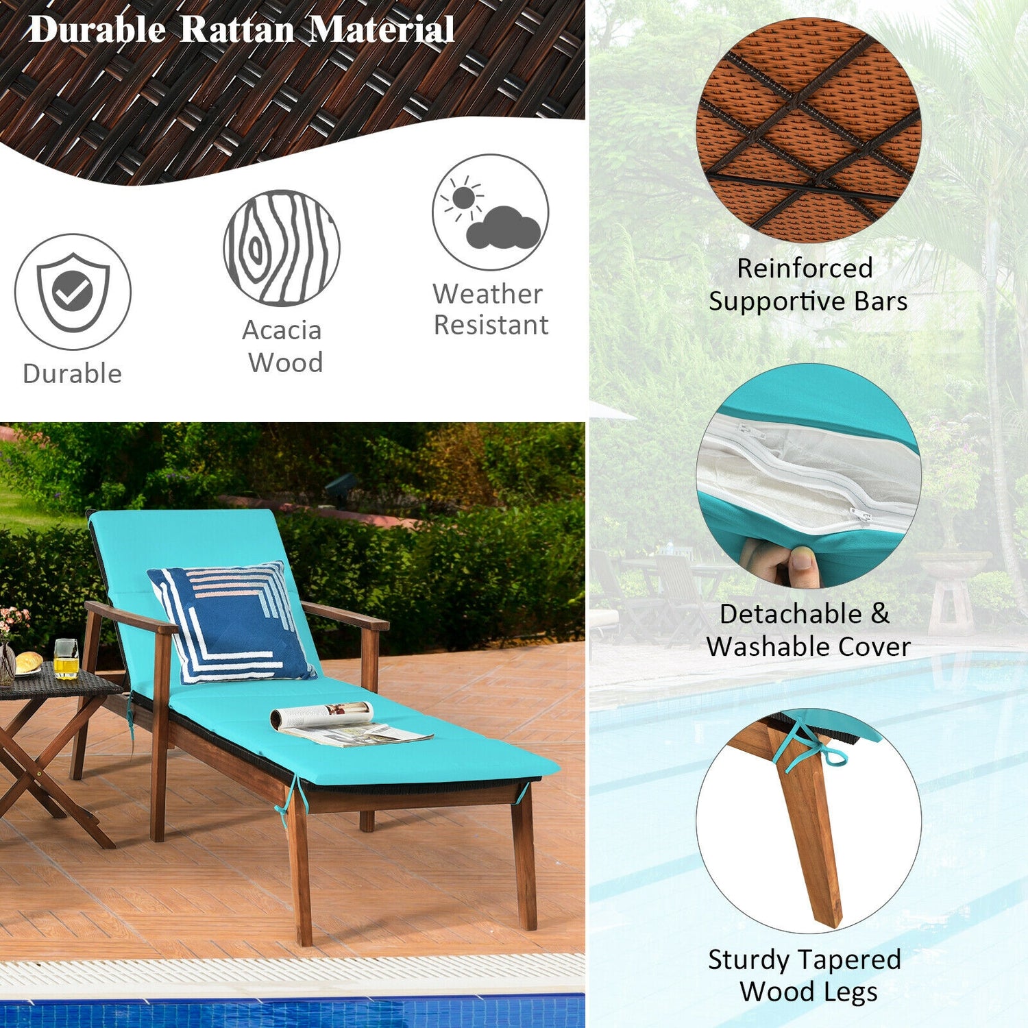 3 Pieces Portable Patio Cushioned Rattan Lounge Chair Set with Folding Table