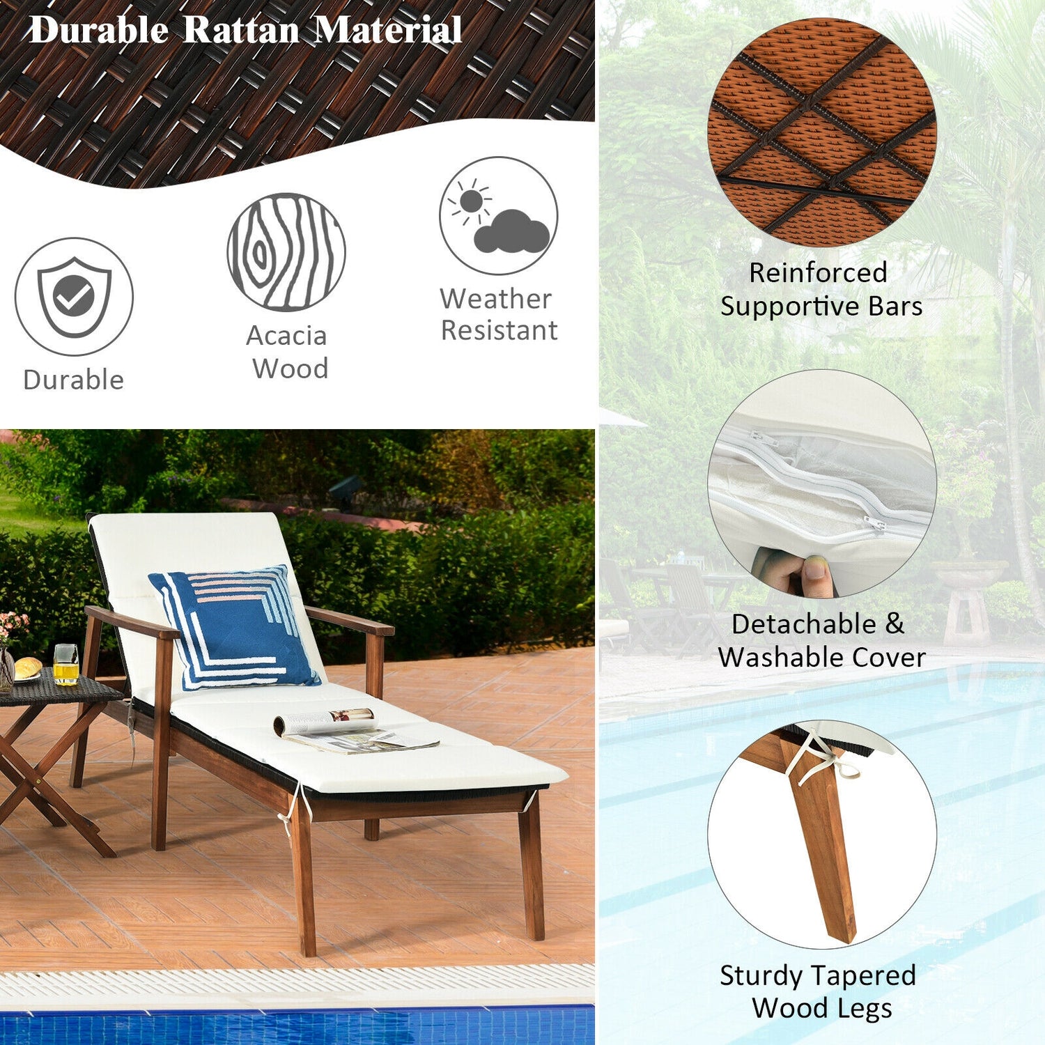 3 Pieces Portable Patio Cushioned Rattan Lounge Chair Set with Folding Table