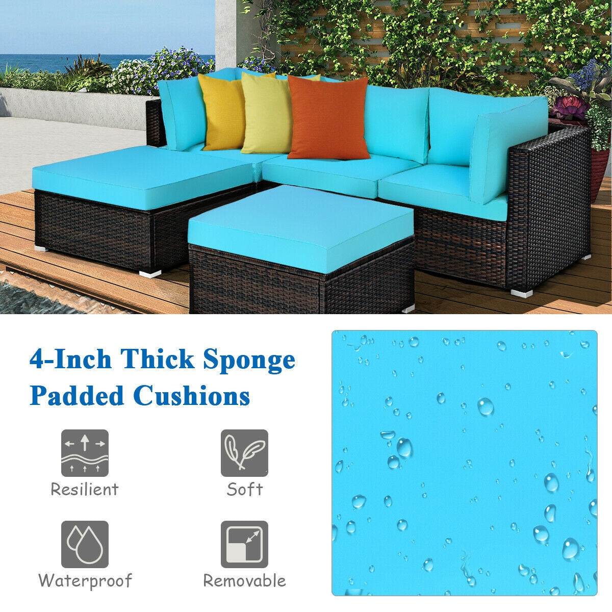 5 Pieces Patio Rattan Sectional Conversation Ottoman Furniture Set