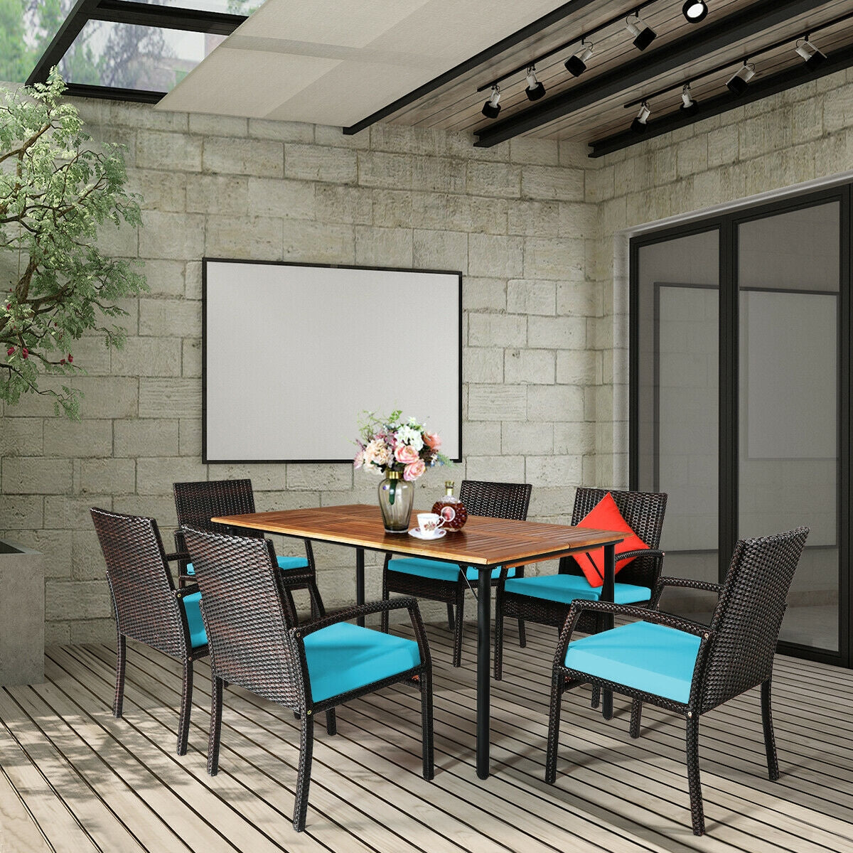 7PCS Patio Rattan Cushioned Dining Set with Umbrella Hole