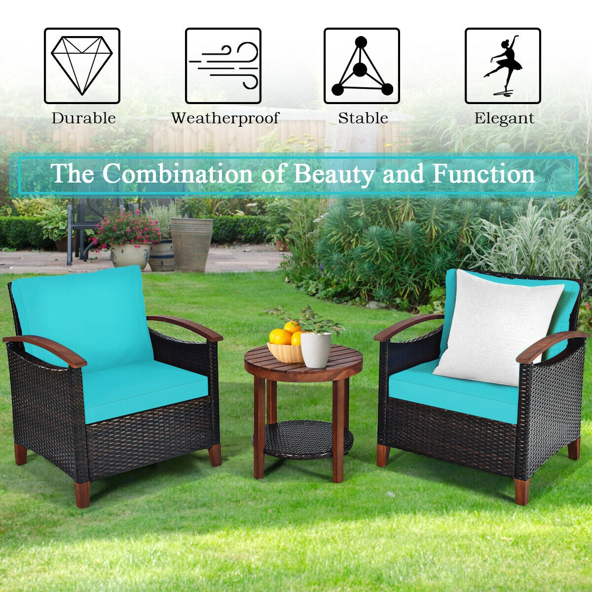 3 Pieces Patio Rattan Furniture Set with Washable Cushion and Acacia Wood Tabletop