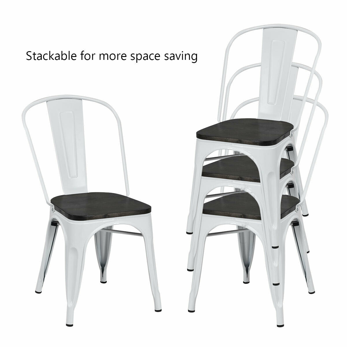4 Pieces Tolix Style Metal Dining Side Chair Stackable Wood Seat-White