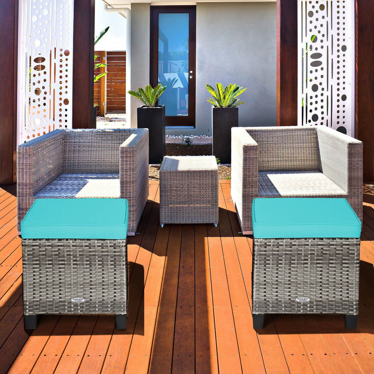 2PCS Patio Rattan Wicker Ottoman Seat with Removable Cushions