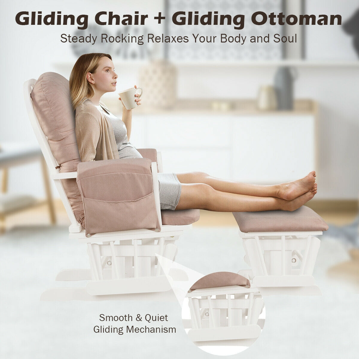 Wood Glider and Ottoman Set with Padded Armrests and Detachable Cushion