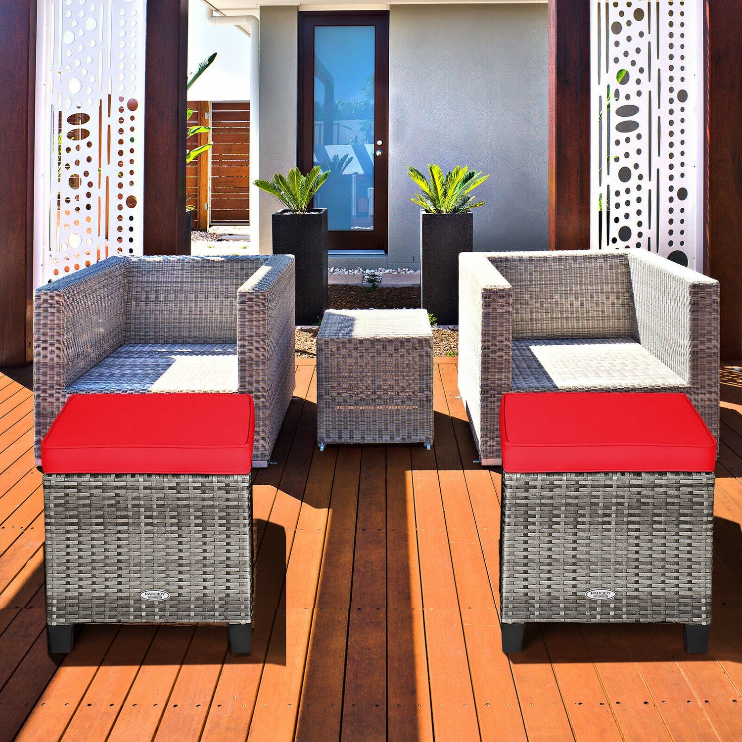 2PCS Patio Rattan Wicker Ottoman Seat with Removable Cushions