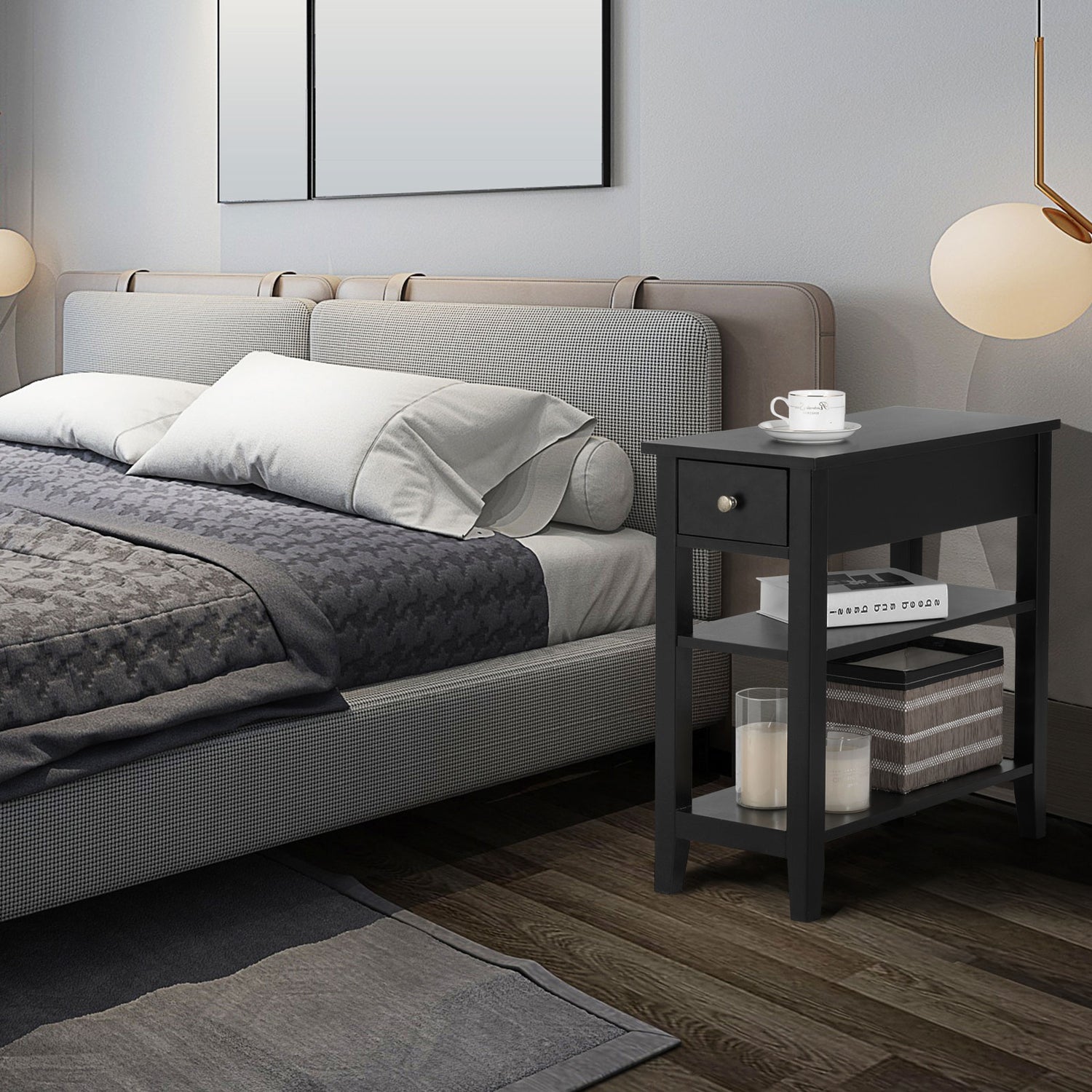 3-Tier Nightstand Bedside Table Sofa Side with Double Shelves Drawer