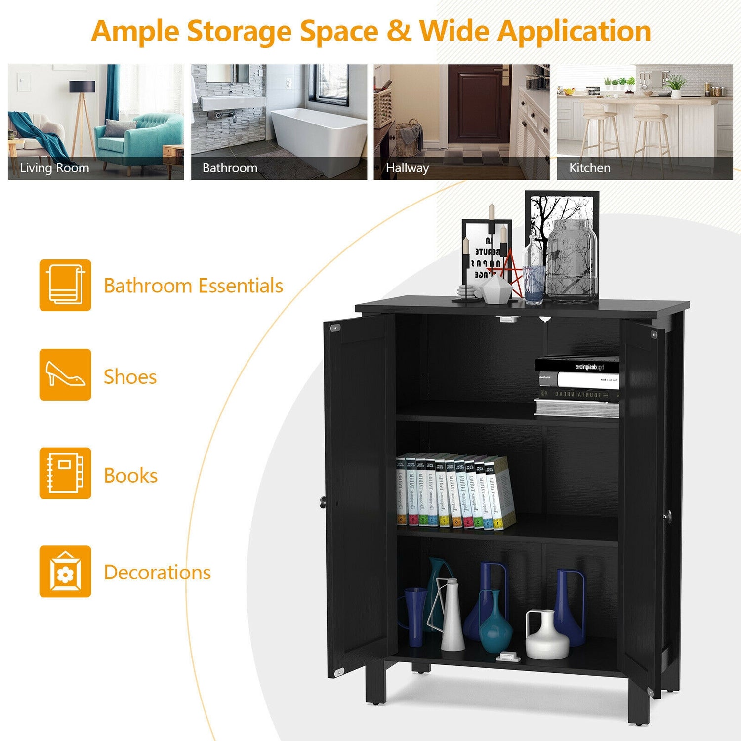 2-Door Bathroom Floor Storage Cabinet with Adjustable Shelf