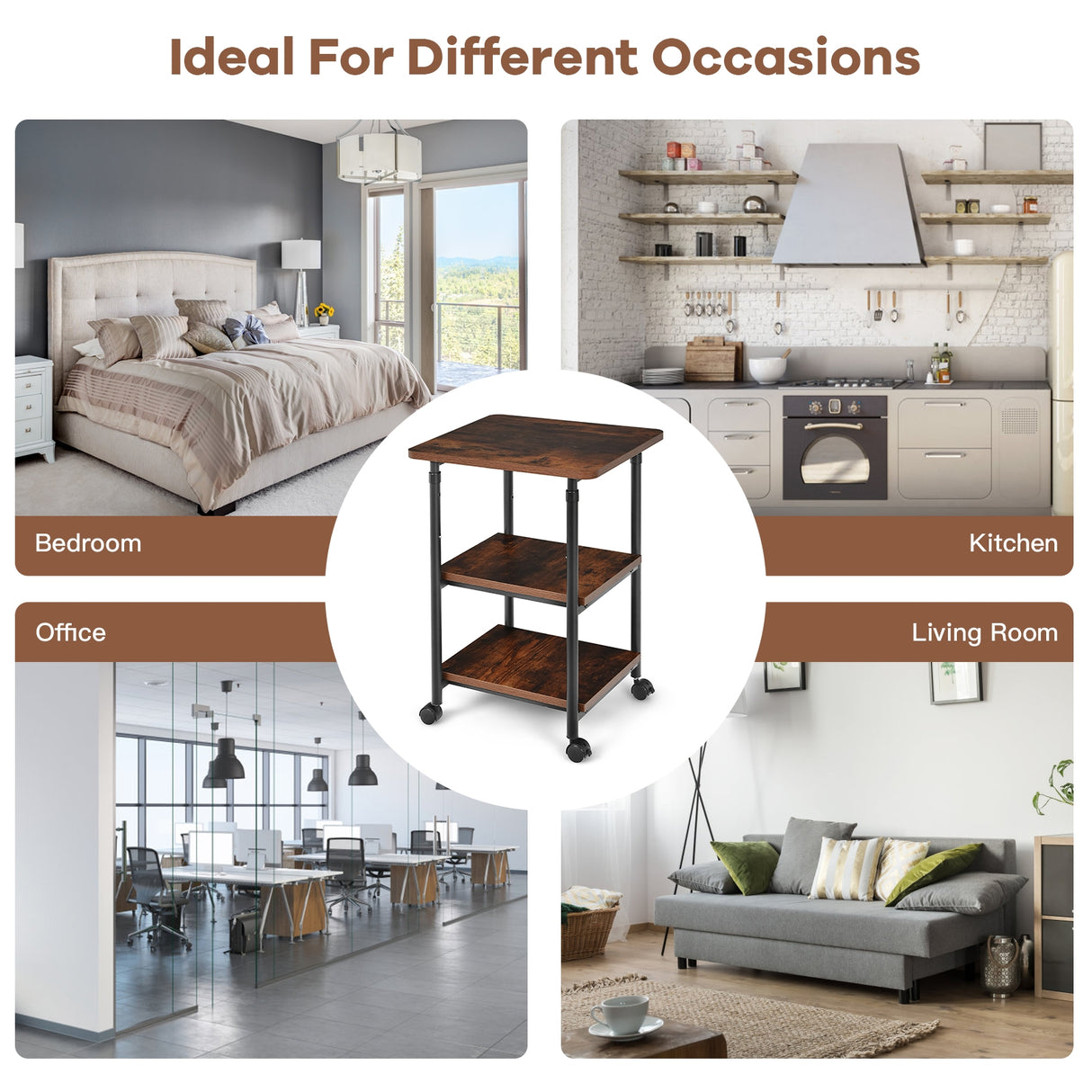 3-tier Adjustable Printer Stand with 360° Swivel Casters