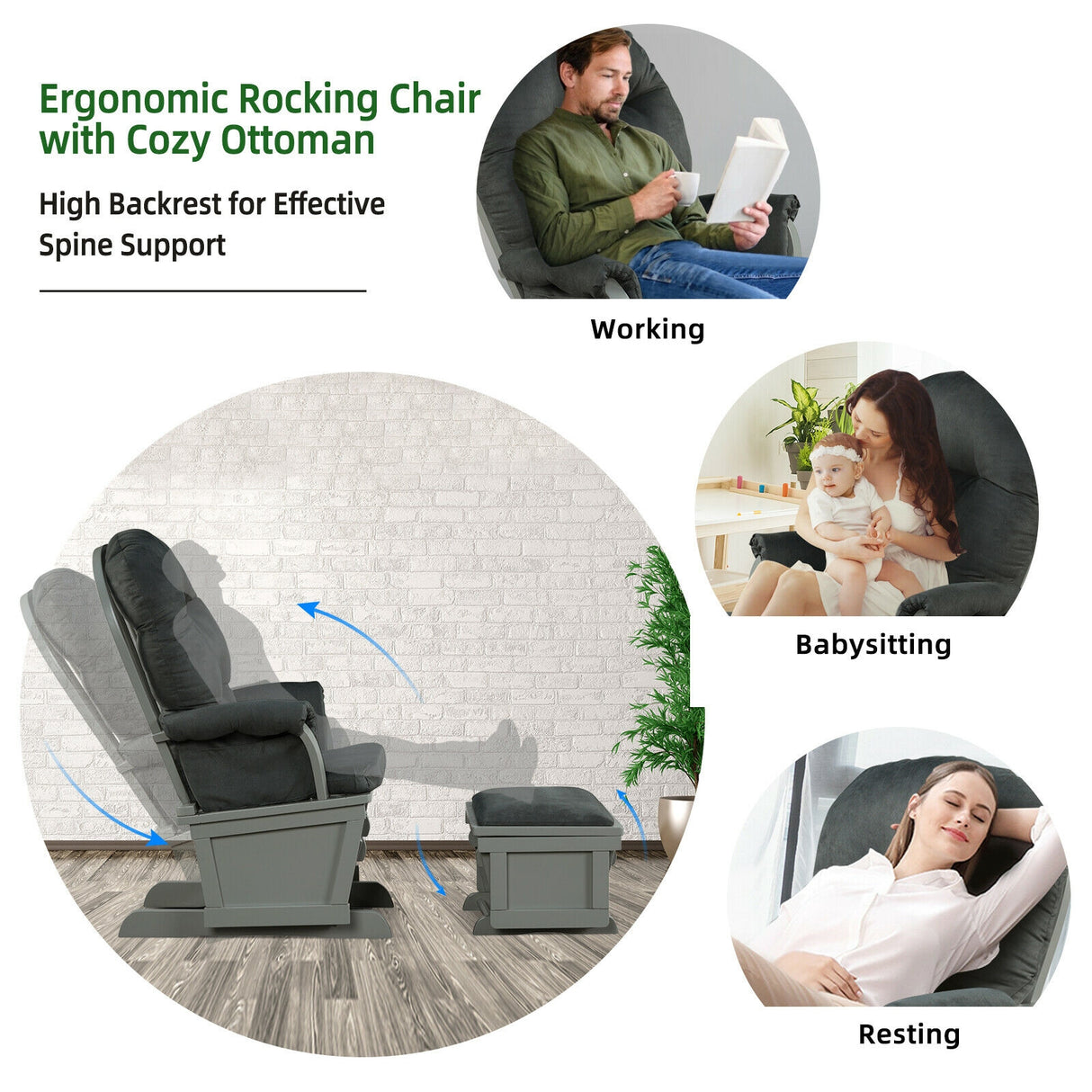 Baby Nursery Wooden Rocking Chair with Armrests and Cushion-Dark Gray