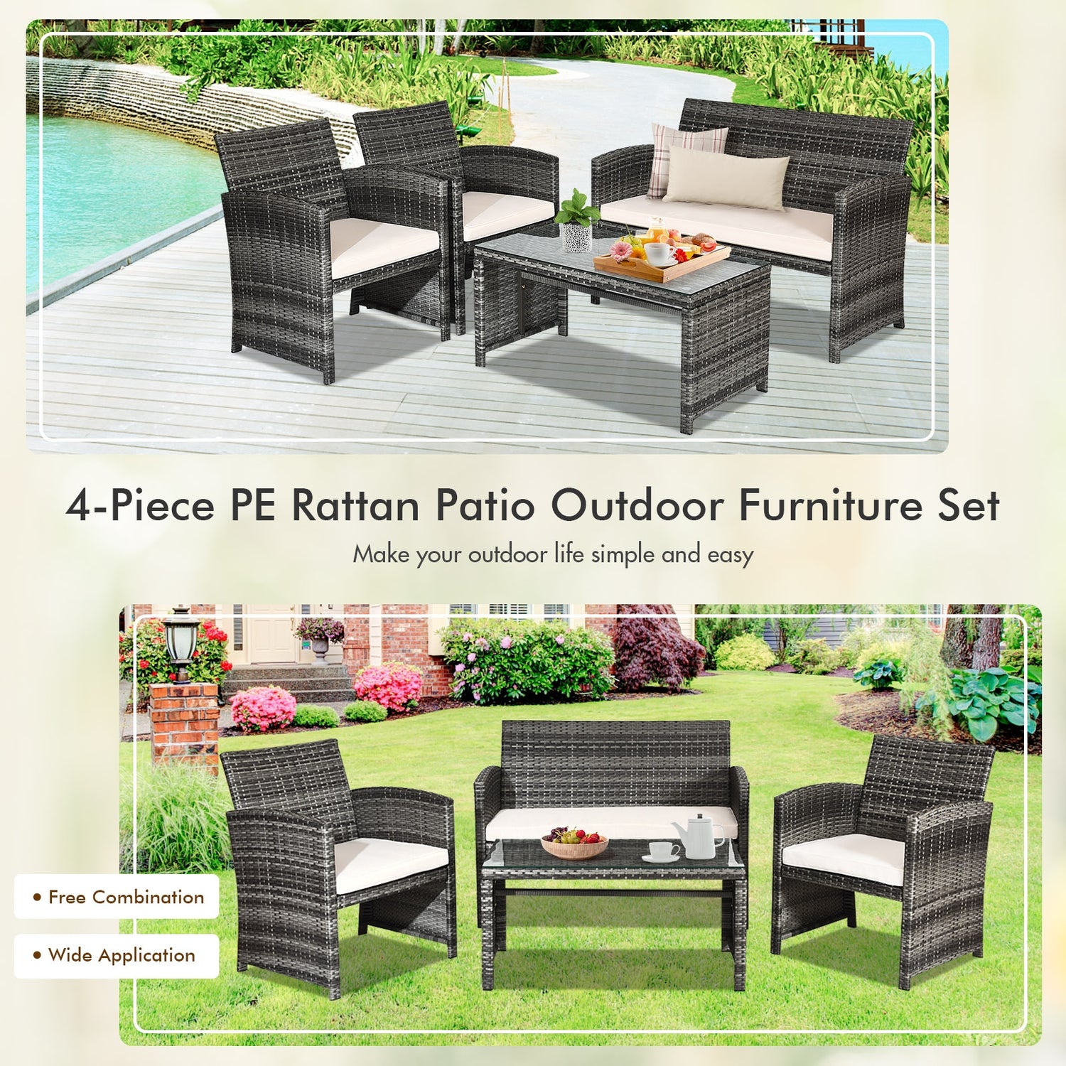 4 Pcs Patio Rattan Furniture Set Top Sofa With Glass Table