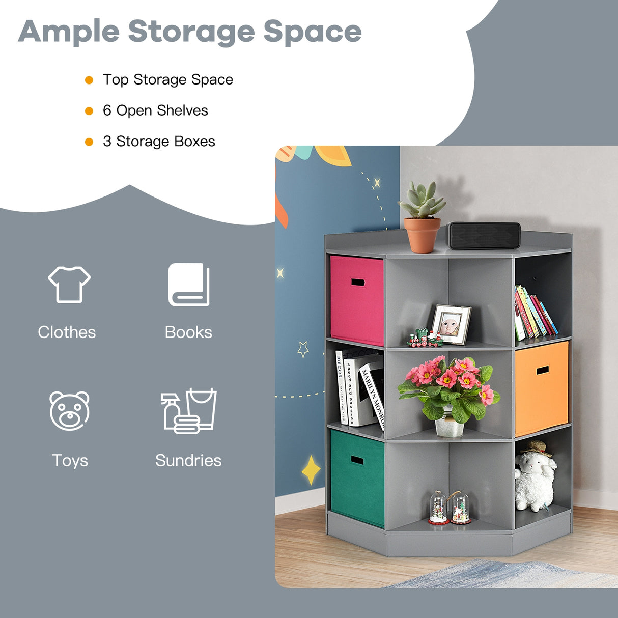 3-Tier Kids Storage Shelf Corner Cabinet with 3 Baskets