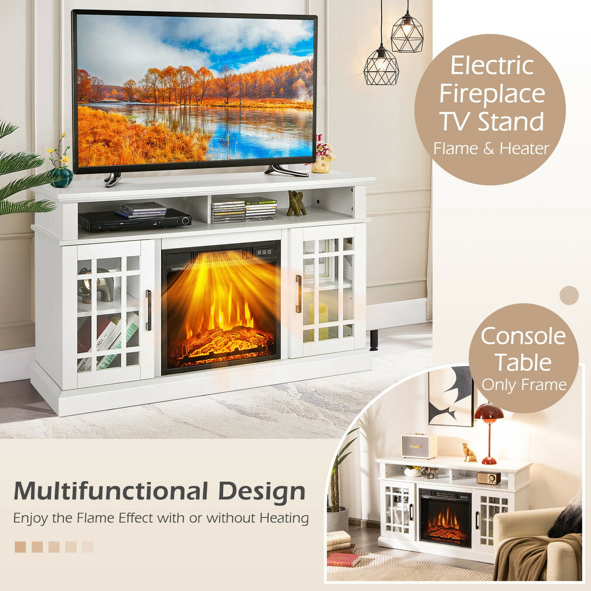 48 Inch Electric Fireplace TV Stand with Cabinets for TVs Up to 55 Inch