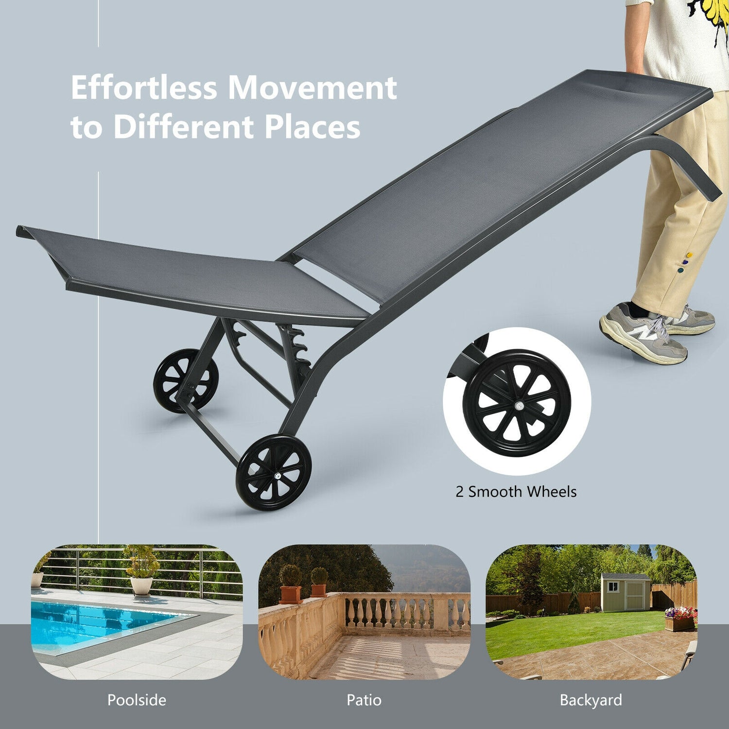 6-Poisition Adjustable Outdoor Chaise Recliner with Wheels