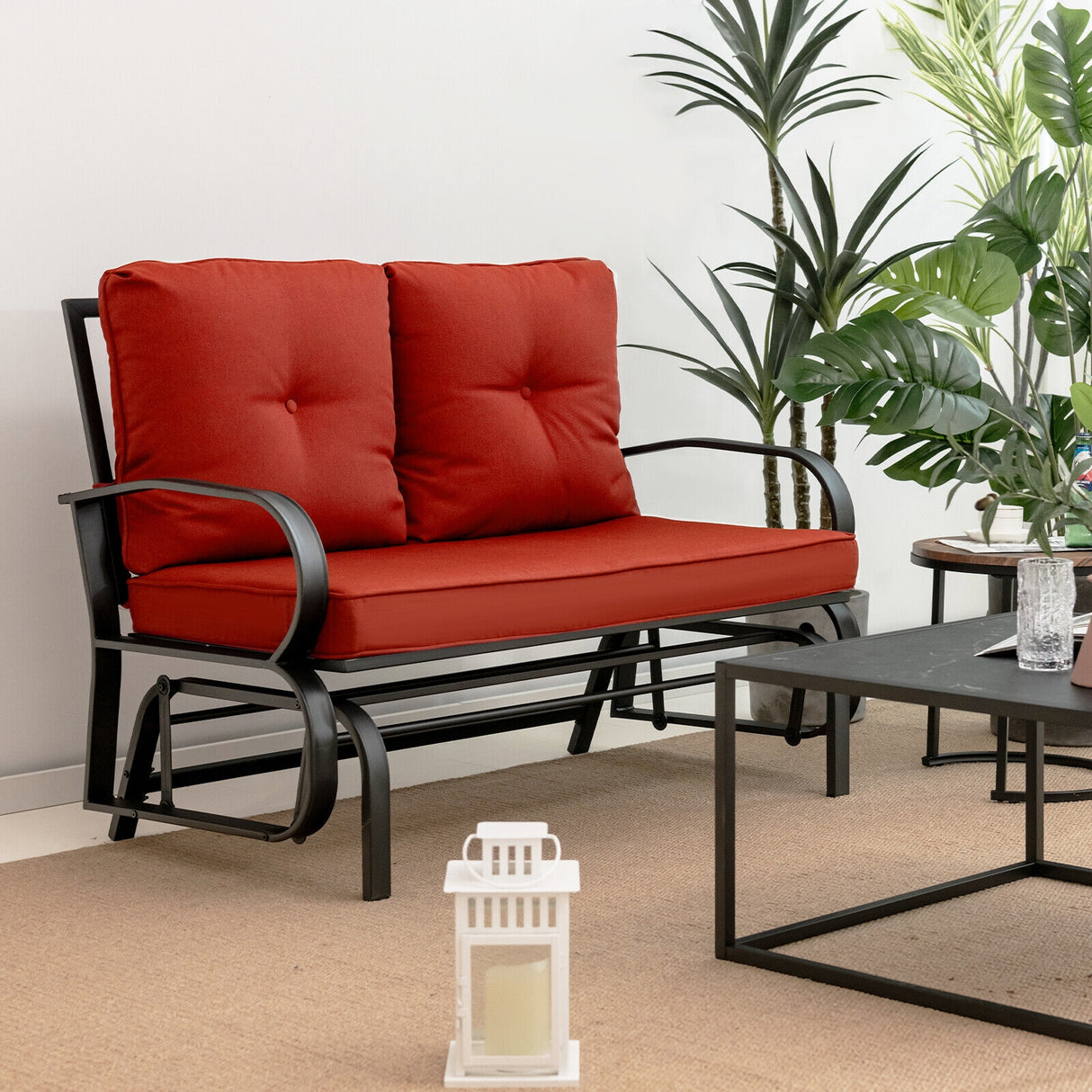 Patio 2-Person Glider Bench Rocking Loveseat with Cushioned Armrest-Red