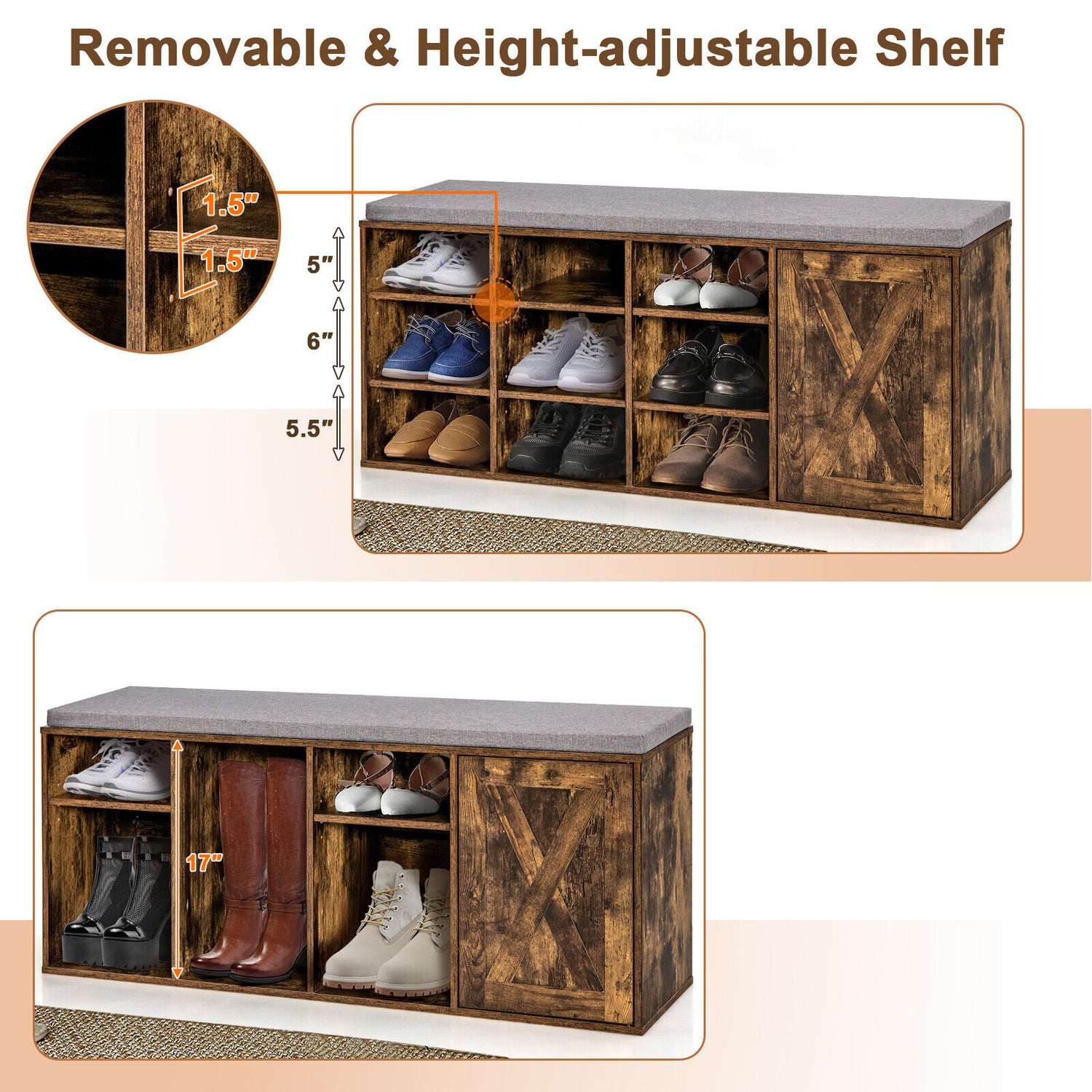 9-cube Adjustable Storage Shoe Bench with Padded Cushion