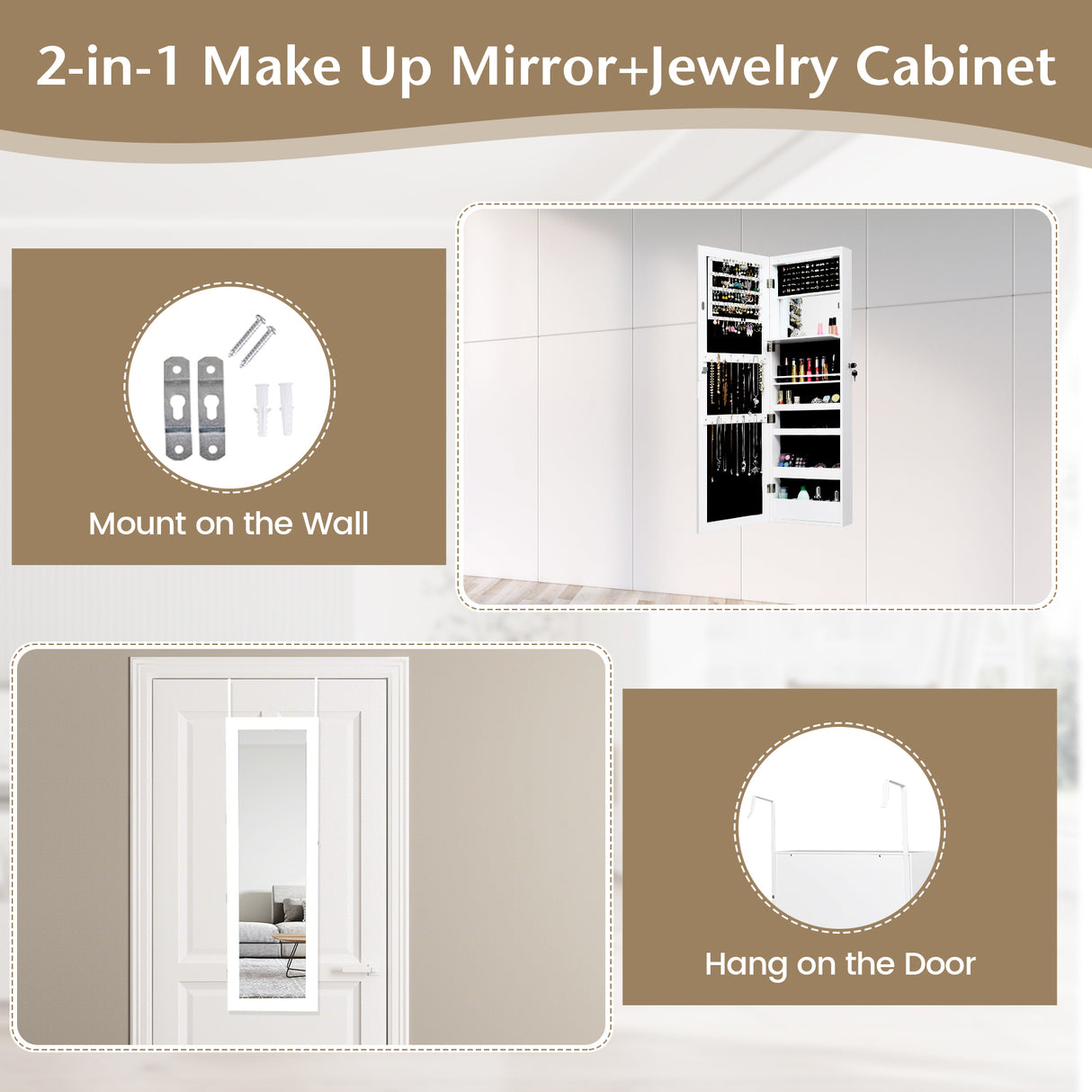 Lockable Wall Door Mounted Mirror Jewelry Cabinet w/LED Lights