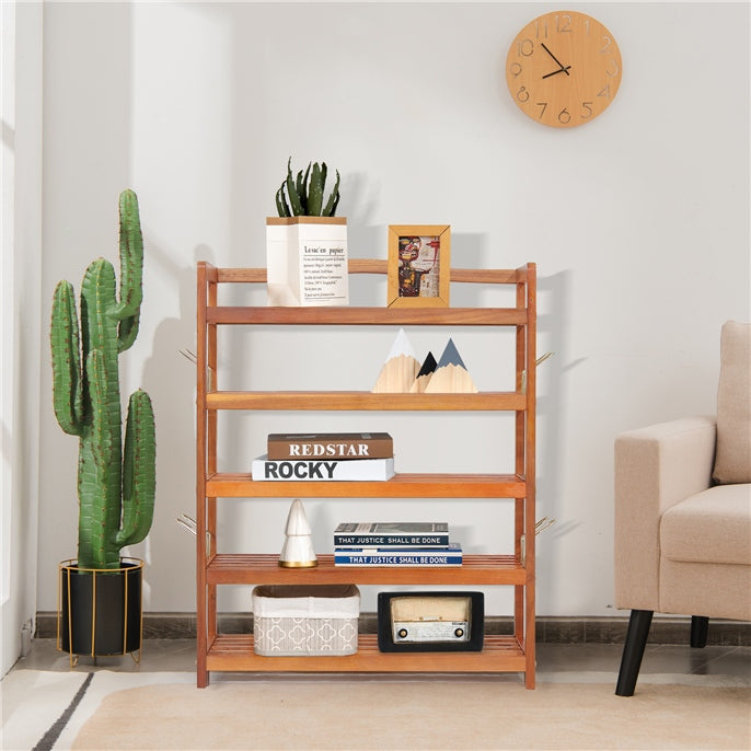 2-Tier Acacia Wood Shoe Rack with 4 Side Metal Hooks