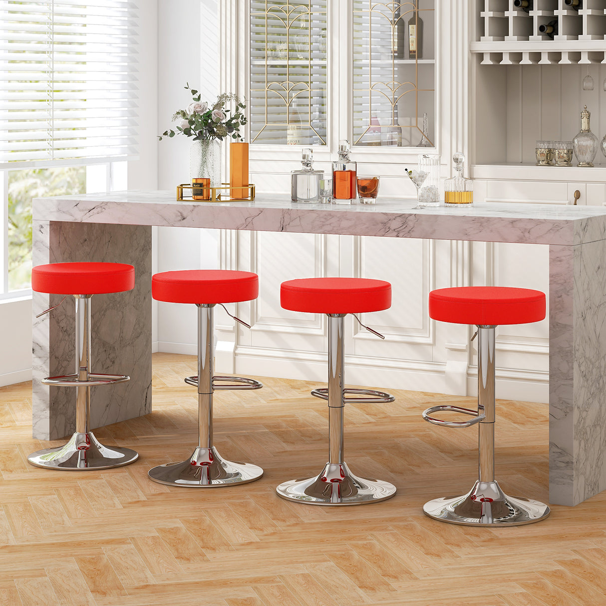 Set of 2 Adjustable Round PU Leather Swivel Barstool with Chrome Footrest