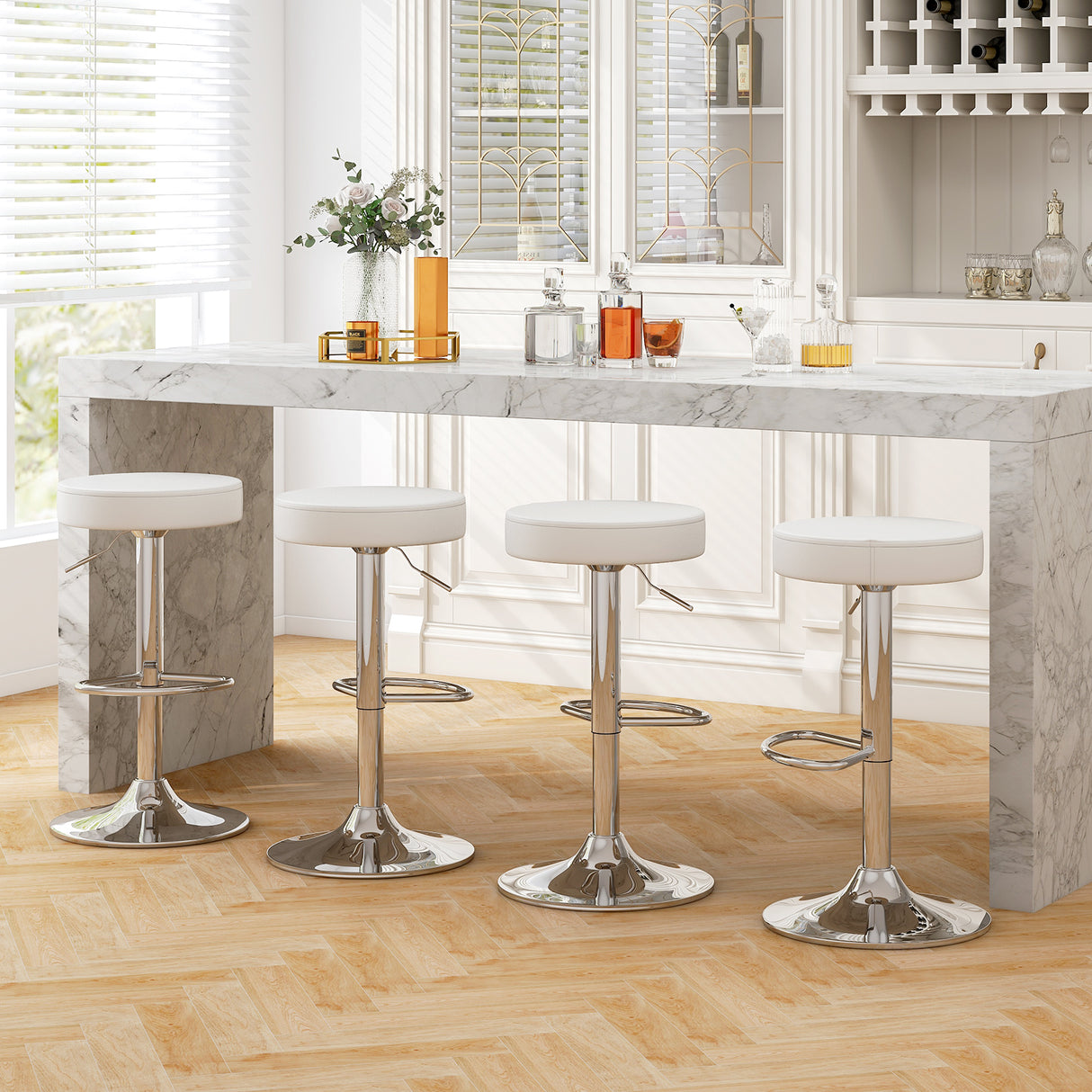 Set of 2 Adjustable Round PU Leather Swivel Barstool with Chrome Footrest