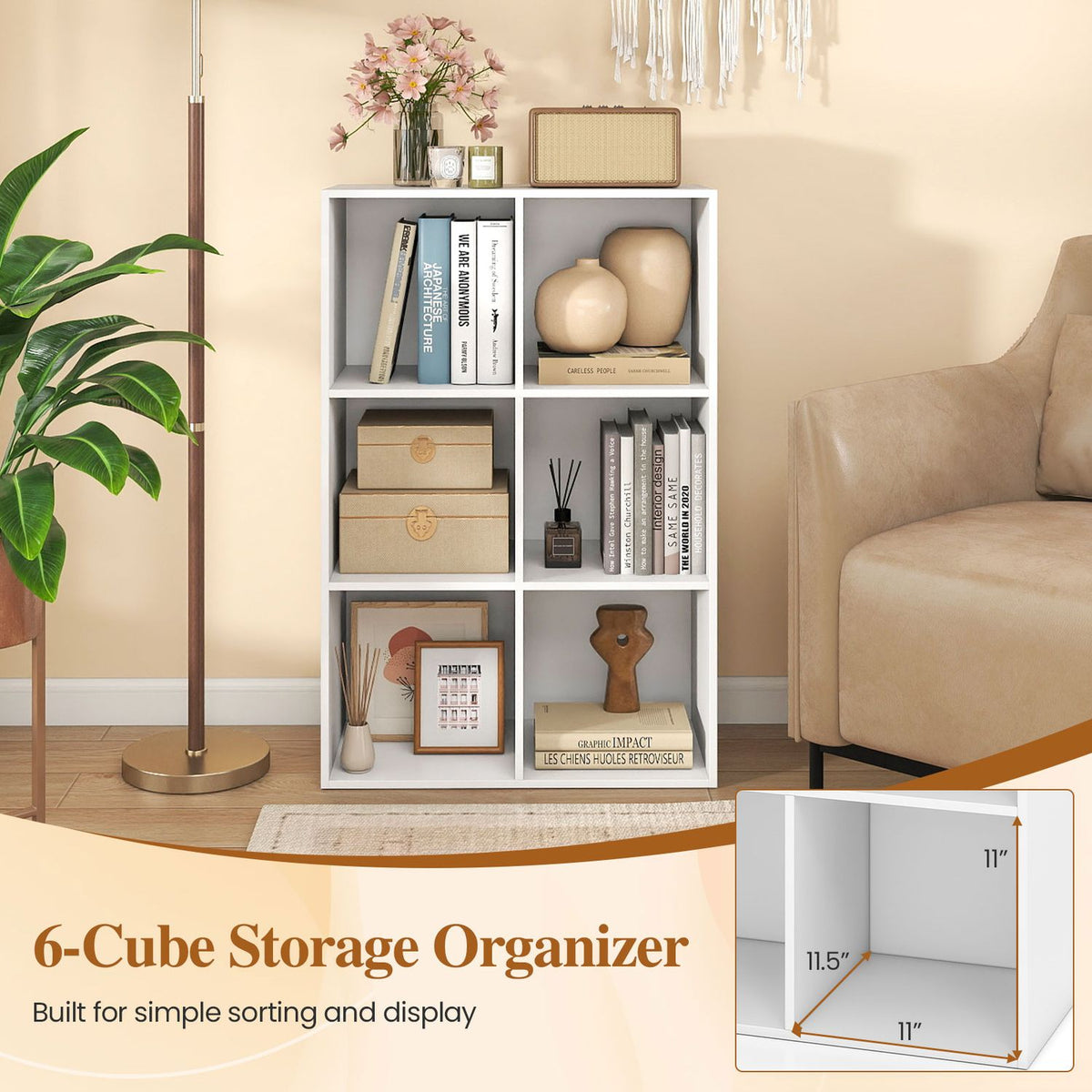 6-Cube Book Shelf Tool-Free Assembly Wooden Bookshelf Modern Bookcase Storage Organizer-White