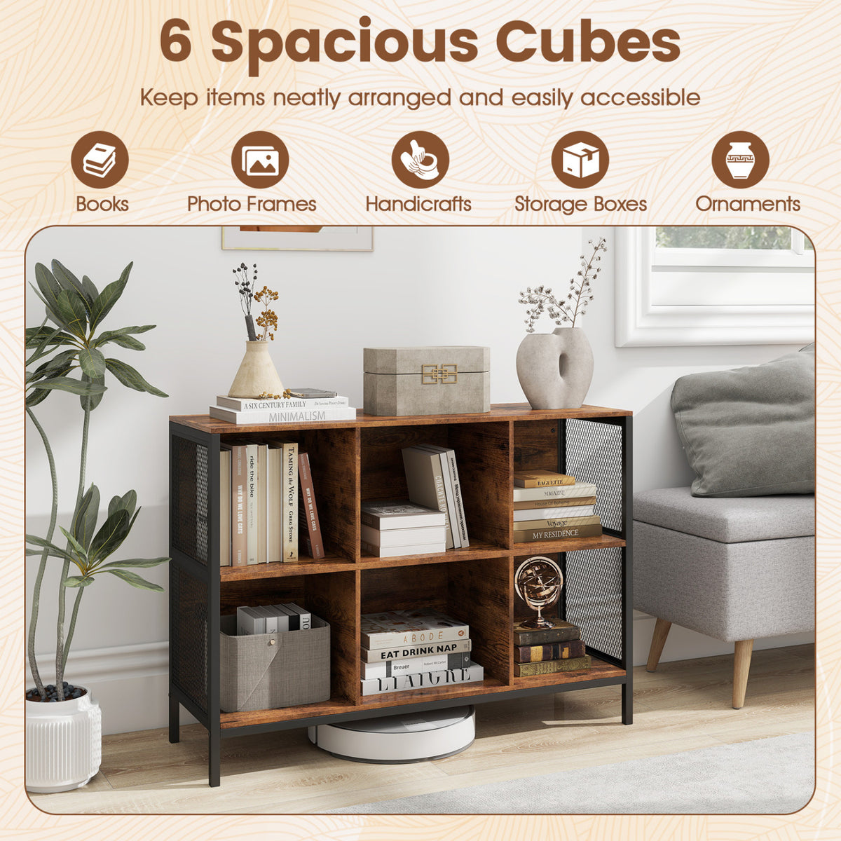 6 Cube Bookcase 42" Wide Horizontal Bookshelf with Accent Cubby Shelf-Rustic Brown