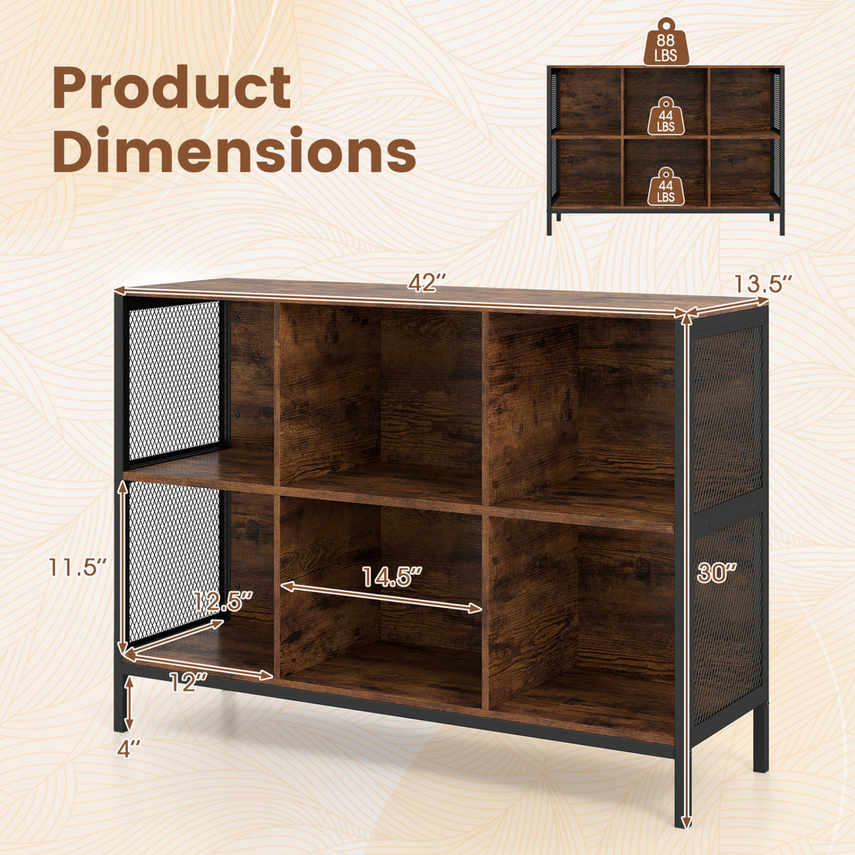 6 Cube Bookcase 42" Wide Horizontal Bookshelf with Accent Cubby Shelf-Rustic Brown