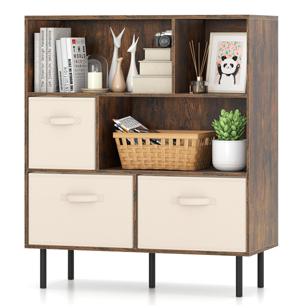 6-Cube Bookshelf with 3 Removable Folding Fabric Drawers for Living Room