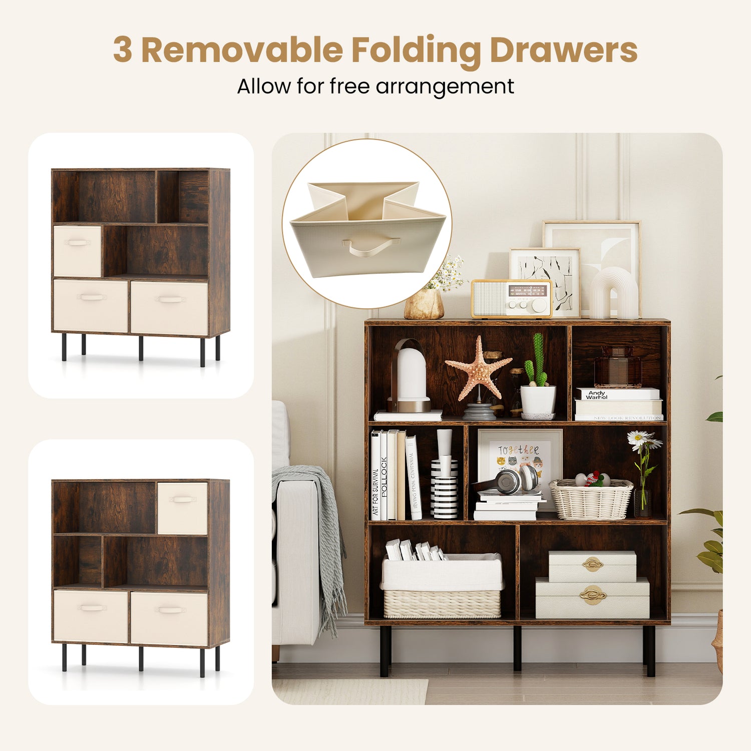 6-Cube Bookshelf with 3 Removable Folding Fabric Drawers for Living Room