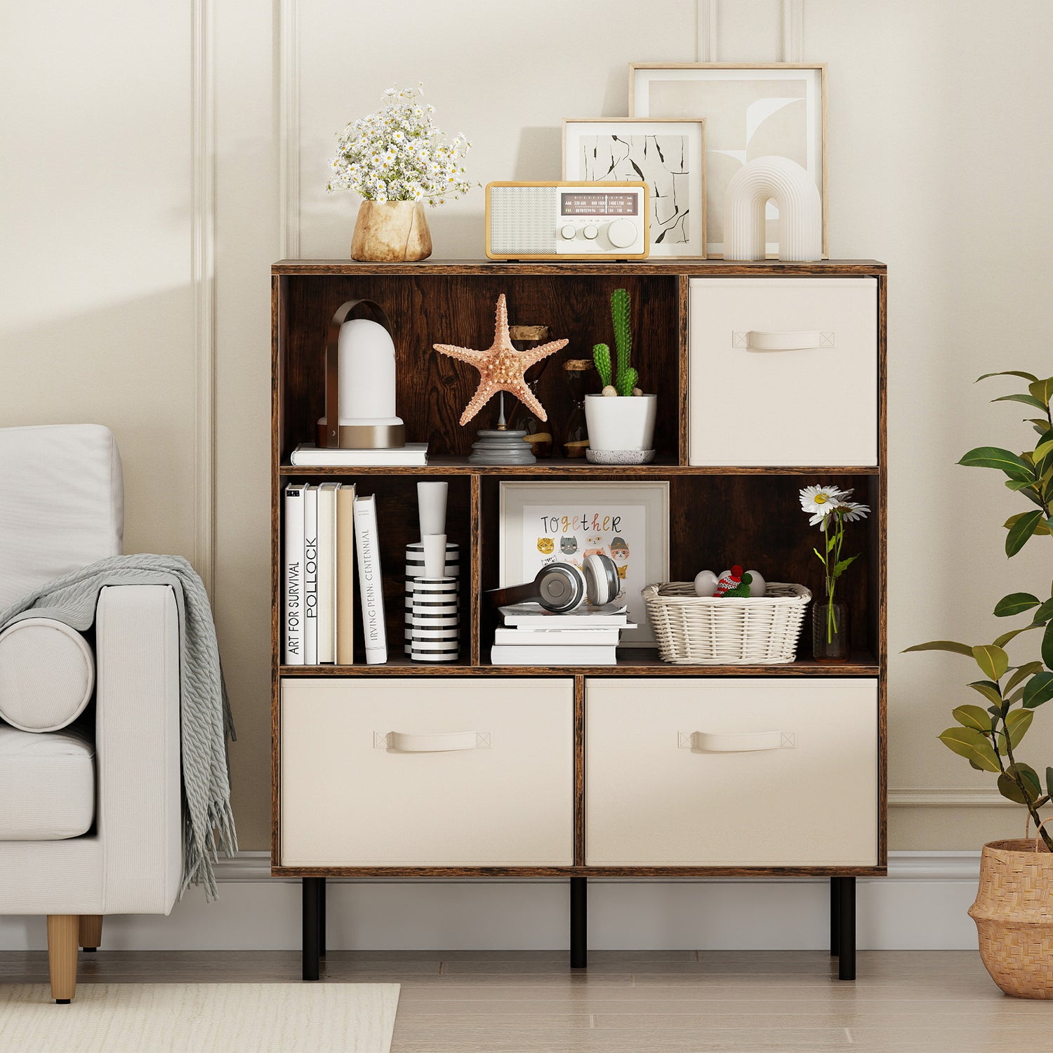 6-Cube Bookshelf with 3 Removable Folding Fabric Drawers for Living Room
