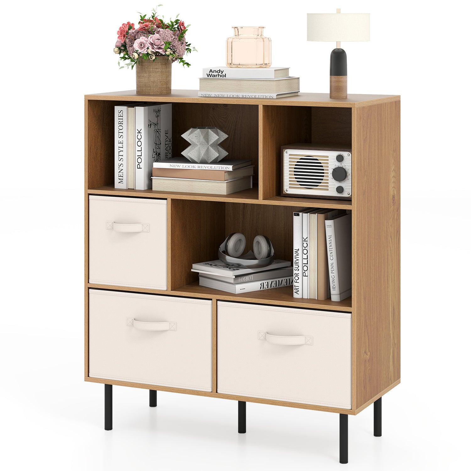 6-Cube Bookshelf with 3 Removable Folding Fabric Drawers for Living Room