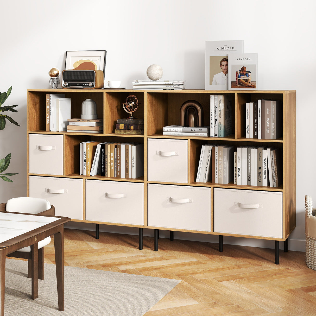 6-Cube Bookshelf with 3 Removable Folding Fabric Drawers for Living Room