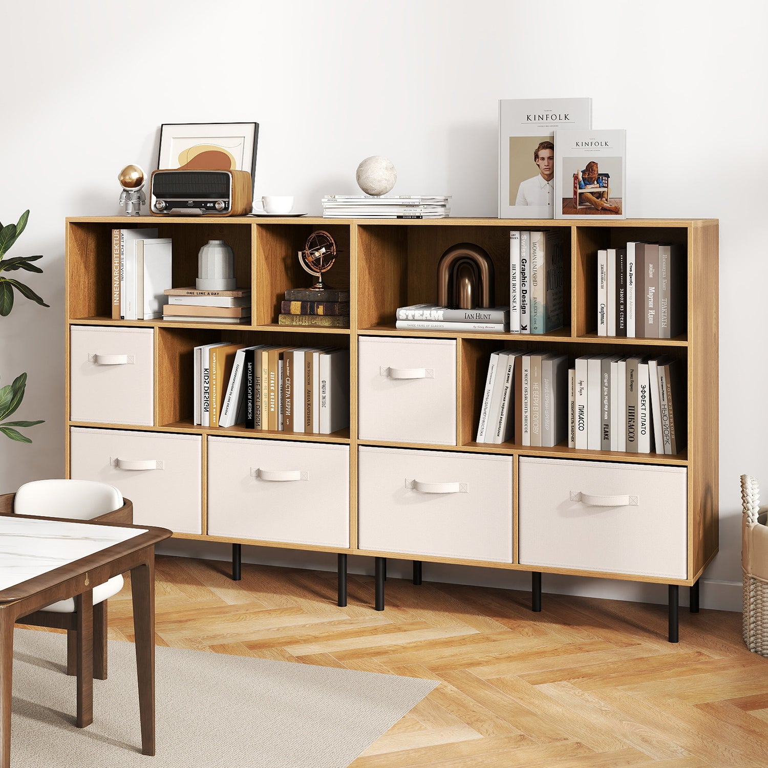 6-Cube Bookshelf with 3 Removable Folding Fabric Drawers for Living Room
