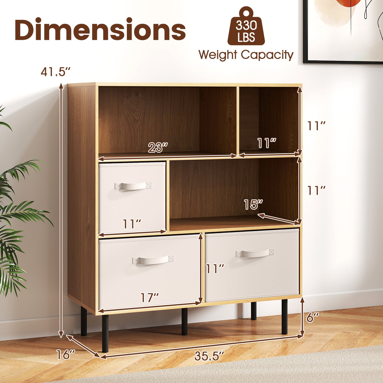 6-Cube Bookshelf with 3 Removable Folding Fabric Drawers for Living Room