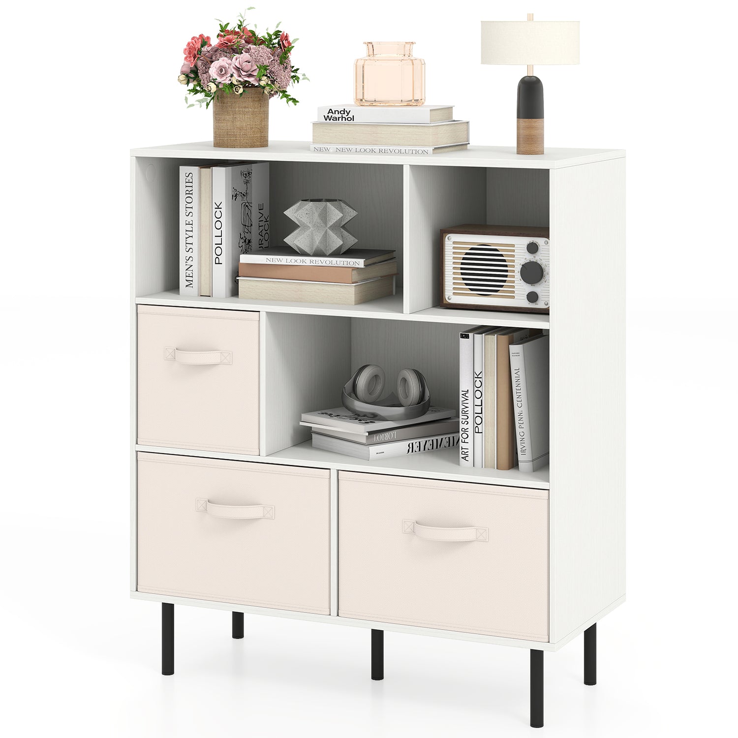 6-Cube Bookshelf with 3 Removable Folding Fabric Drawers for Living Room