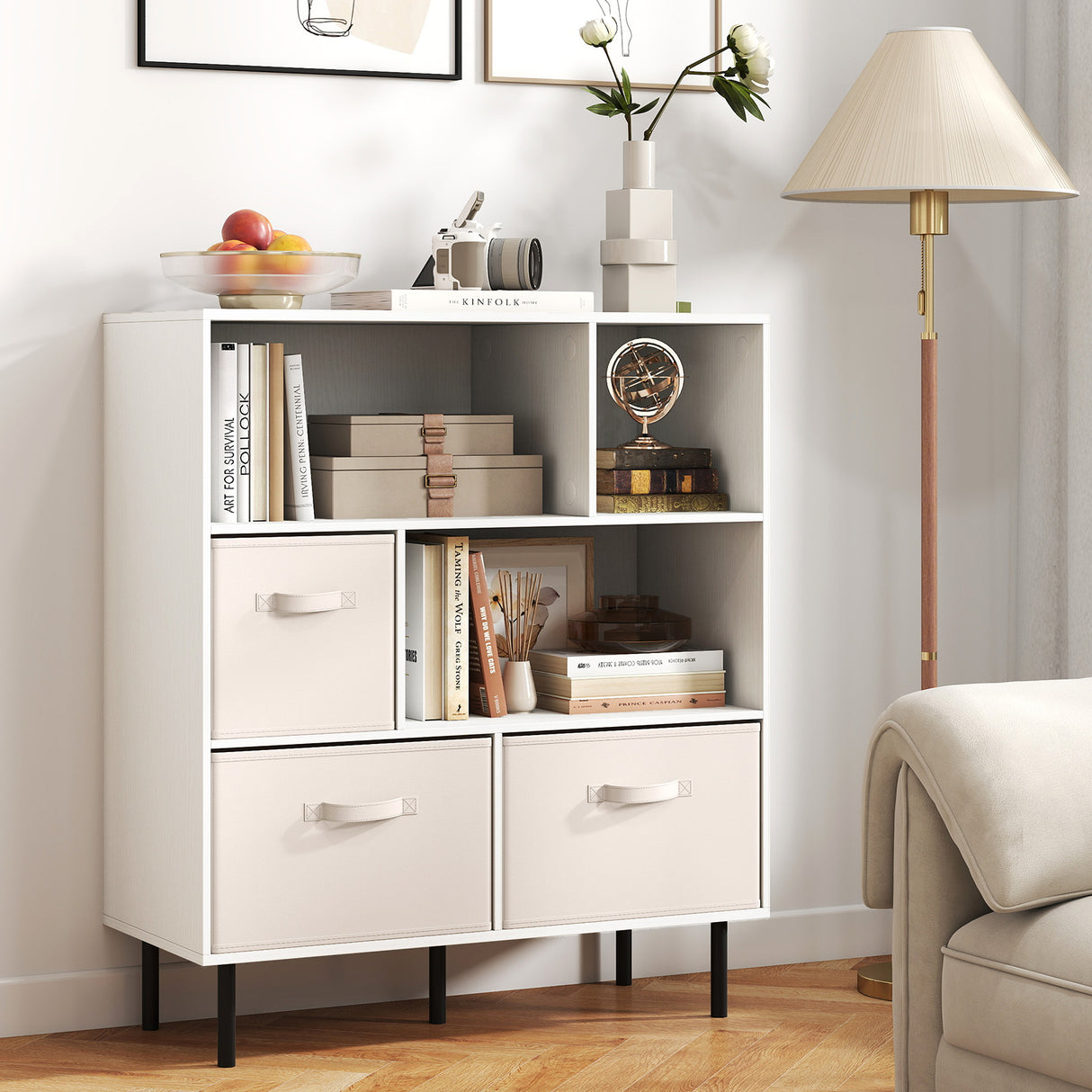 6-Cube Bookshelf with 3 Removable Folding Fabric Drawers for Living Room