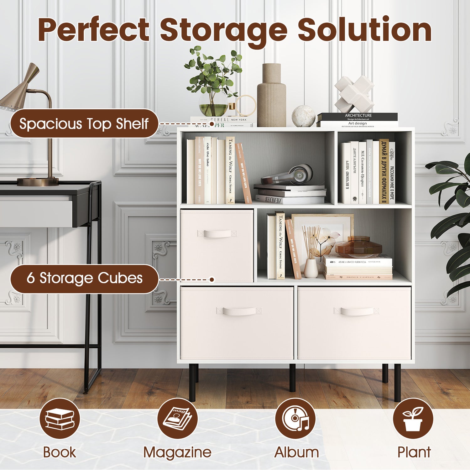 6-Cube Bookshelf with 3 Removable Folding Fabric Drawers for Living Room