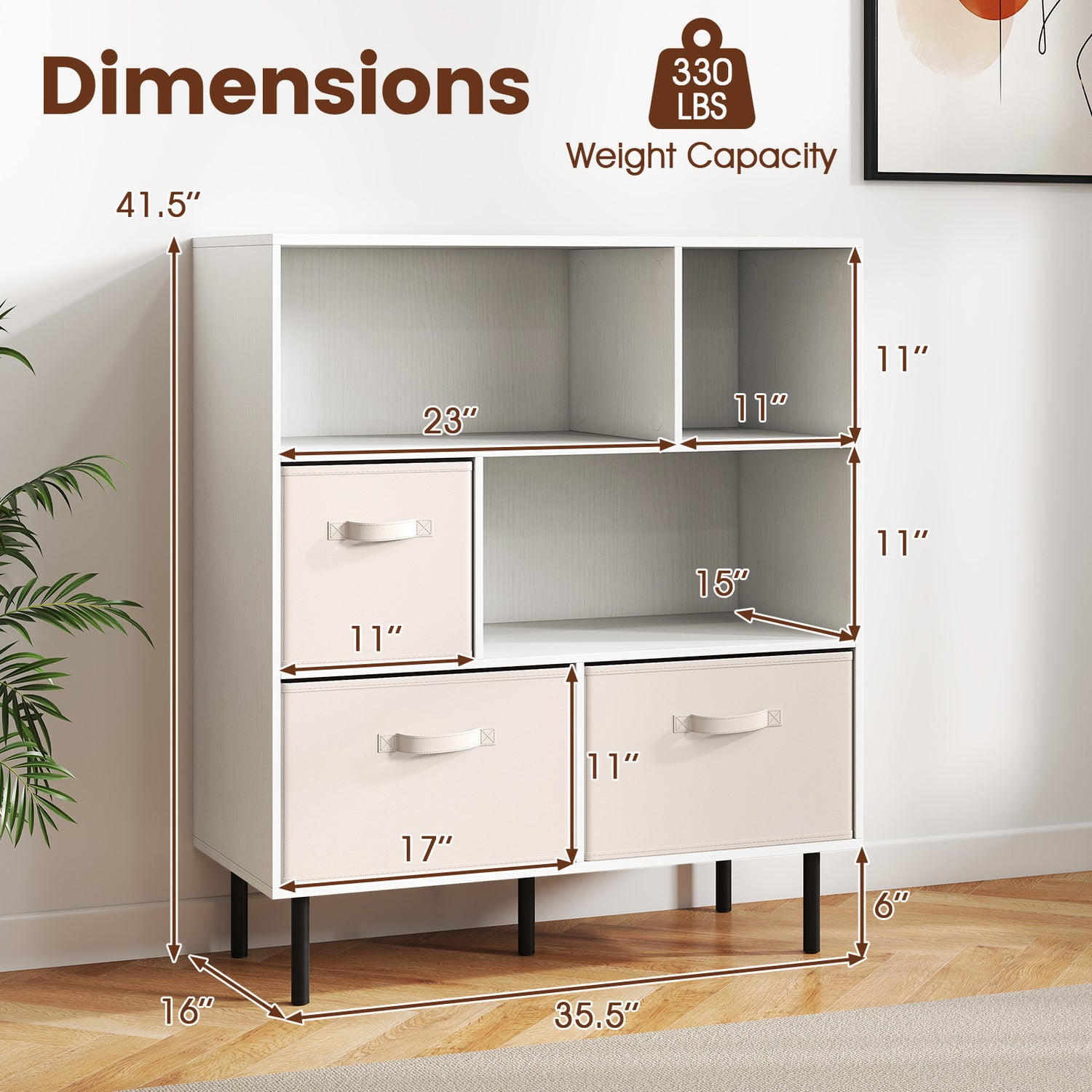 6-Cube Bookshelf with 3 Removable Folding Fabric Drawers for Living Room