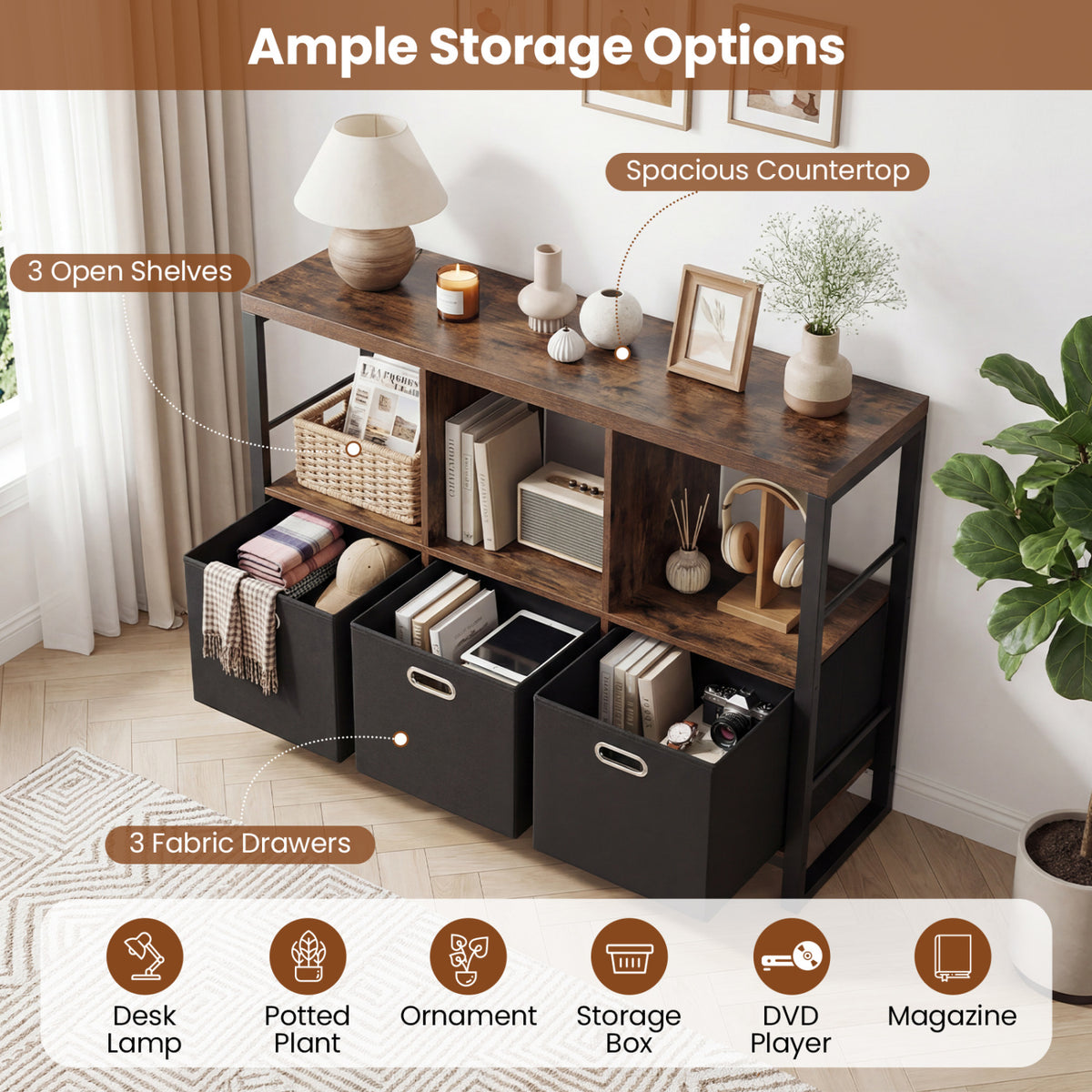 6 Cube Industrial Short Bookshelf with 3 Bins & Metal Frame and Open Shelves for Indoor-Rustic Brown