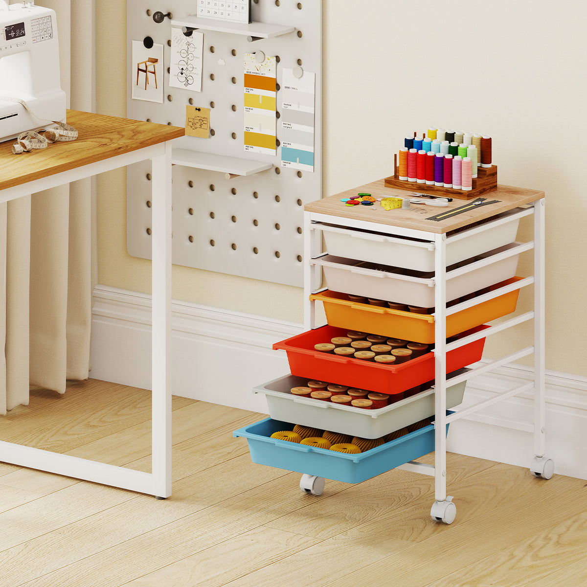 6-Drawer Rolling Storage Cart with Wooden Tabletop
