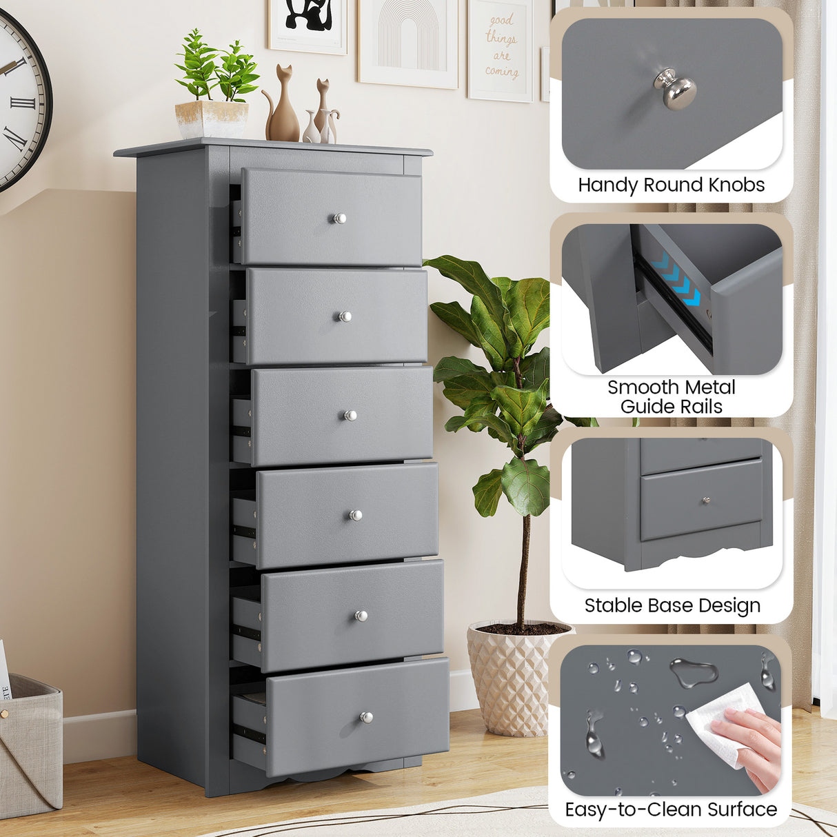 6 Drawers Chest Dresser Clothes Storage Bedroom Furniture Cabinet