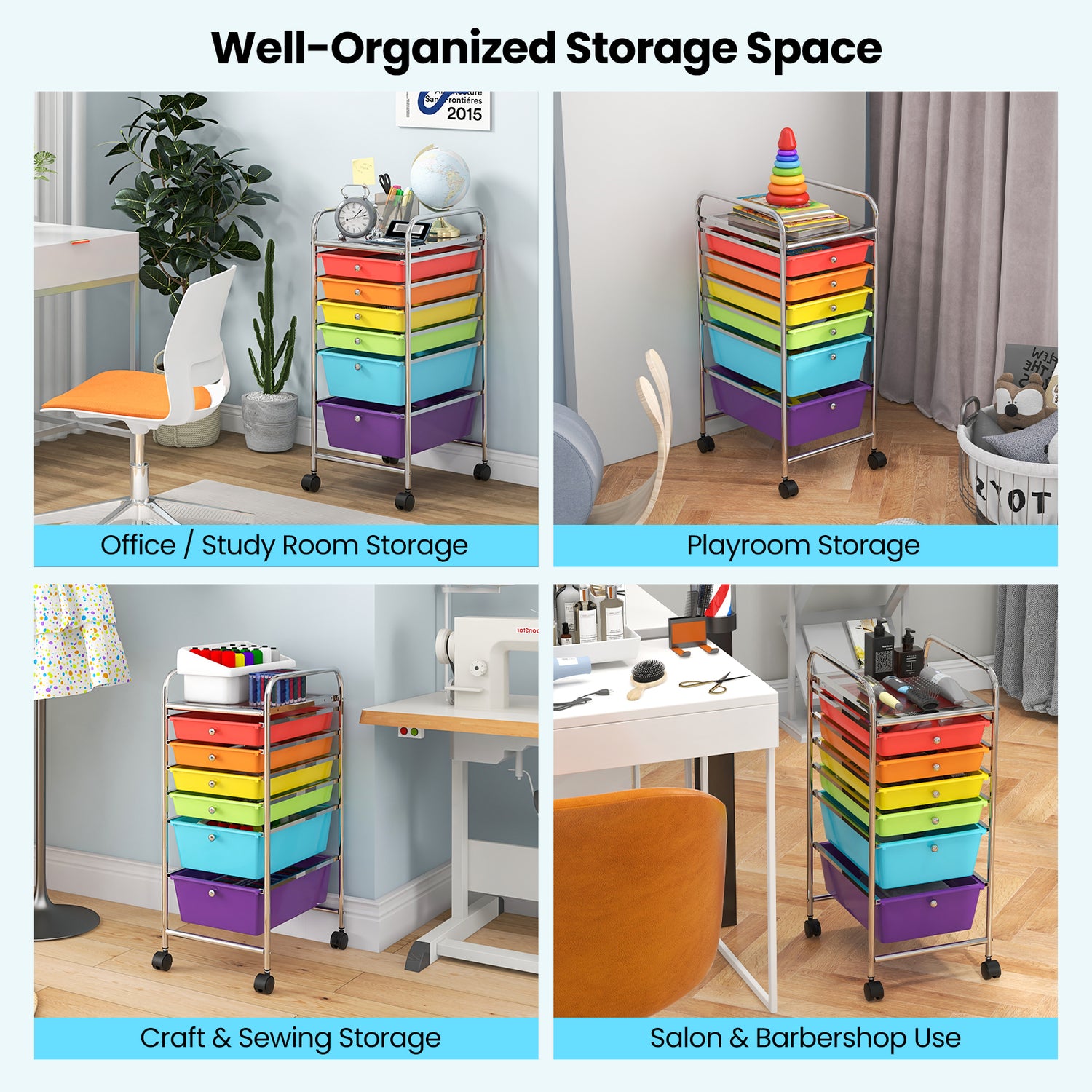 6 Drawers Rolling Storage Cart Organizer-Transparent