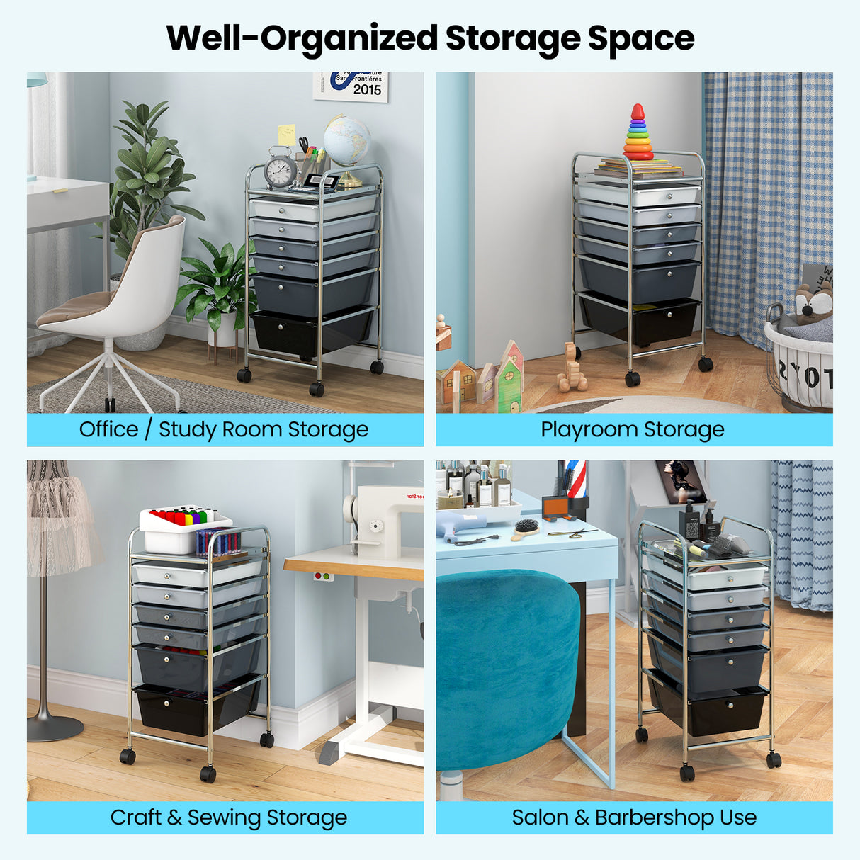 6 Drawers Rolling Storage Cart Organizer-Transparent