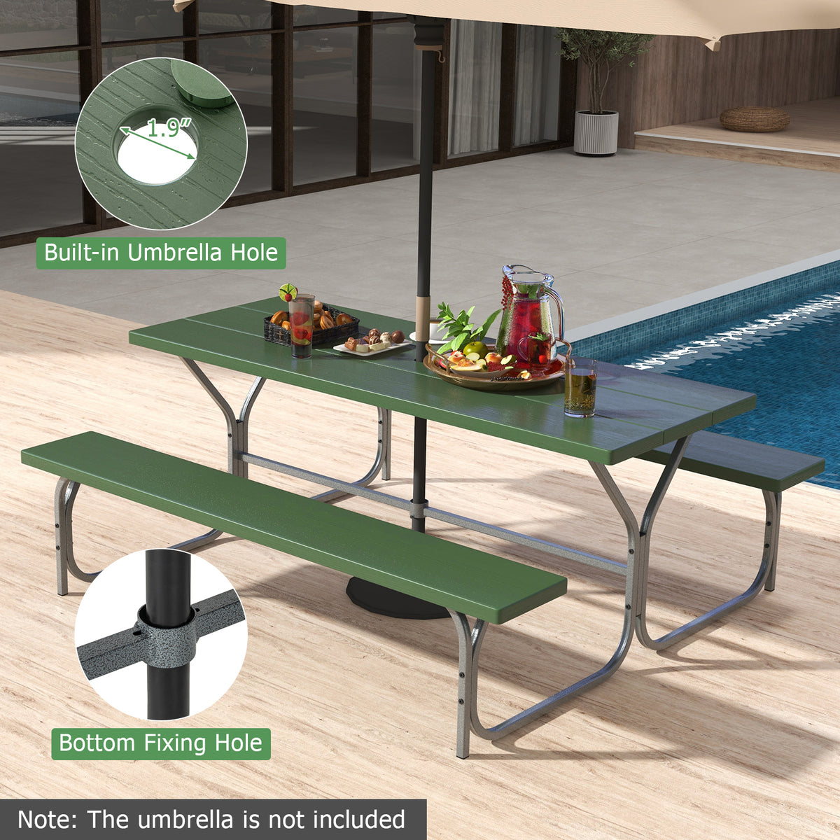 Picnic Table Bench Set Dining Table and 2 Benches with Metal Frame and HDPE Tabletop