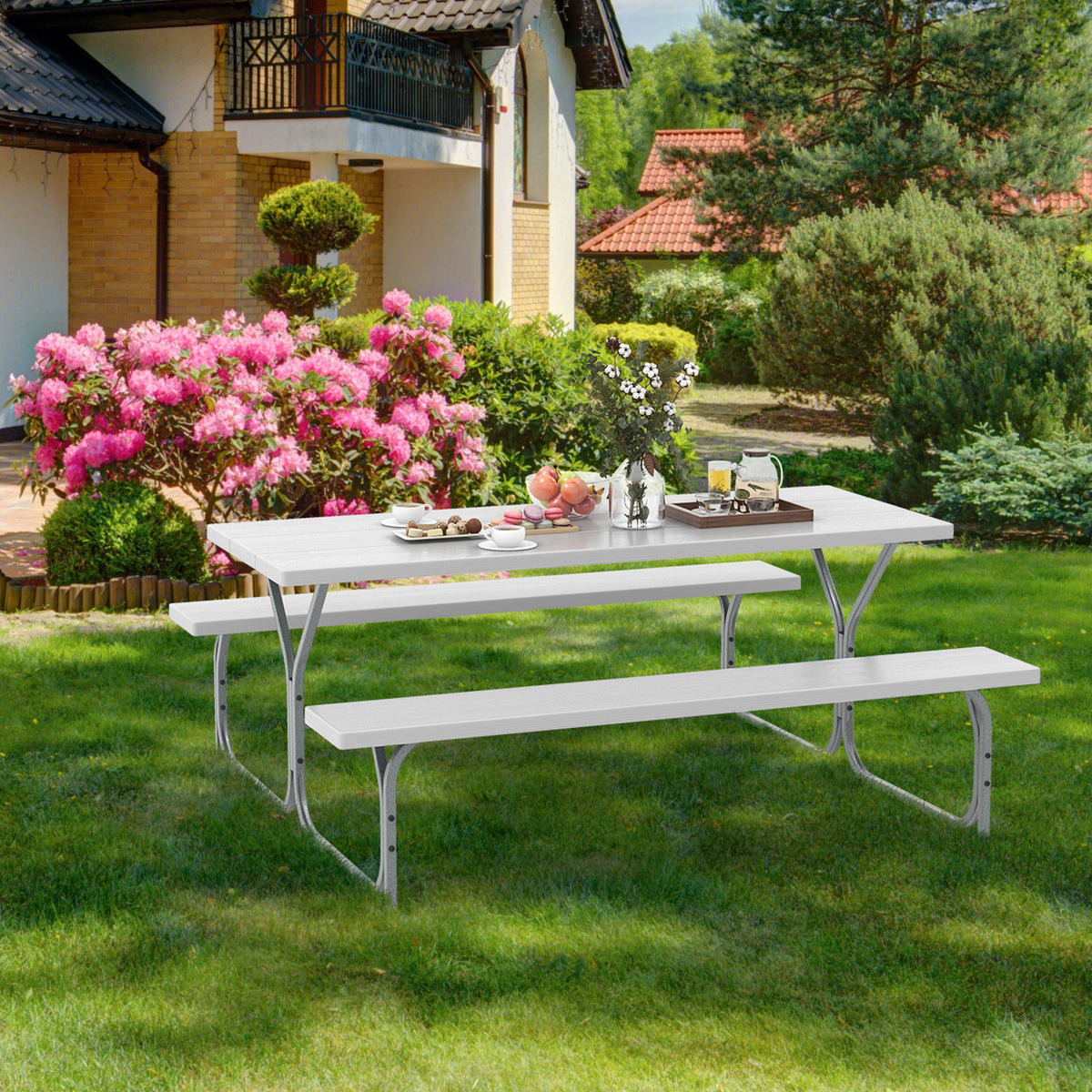 Picnic Table Bench Set Dining Table and 2 Benches with Metal Frame and HDPE Tabletop