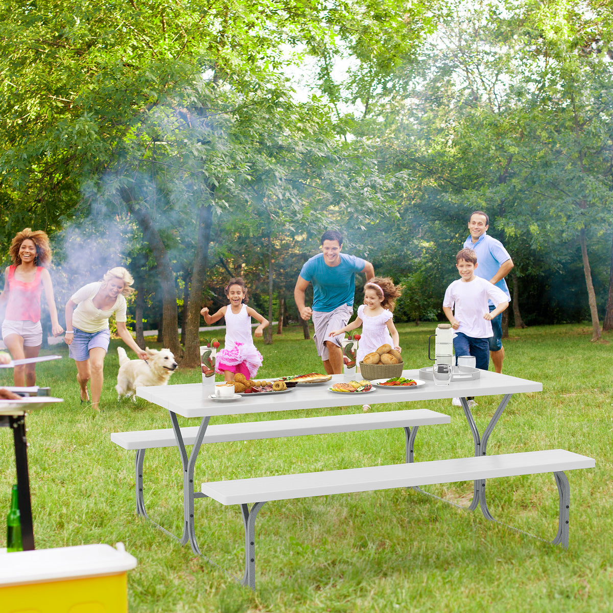 Picnic Table Bench Set Dining Table and 2 Benches with Metal Frame and HDPE Tabletop